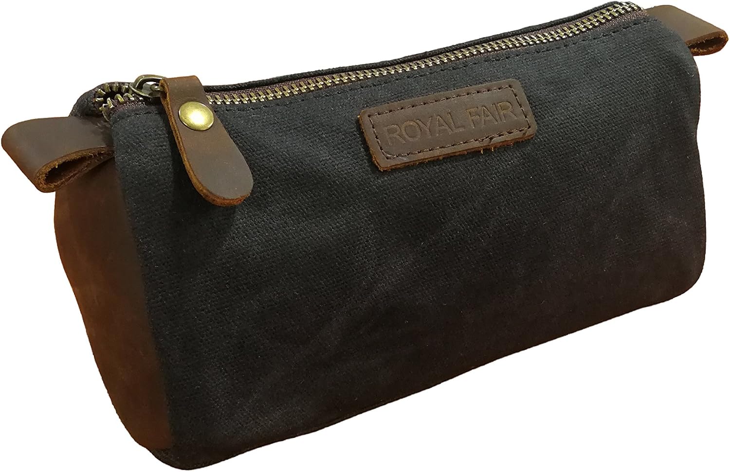ROYALFAIR Toiletry Bag for Men Small Dopp Kit Vintage Cosmetic Makeup Bag Genuine Leather Waterproof Wax Canvas (Blue)