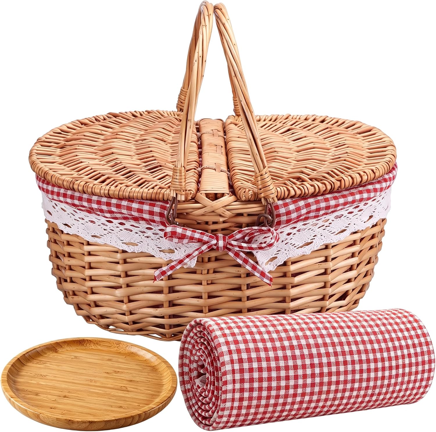 Picnic Basket Set with Blanket Bamboo Plates Wicker Basket