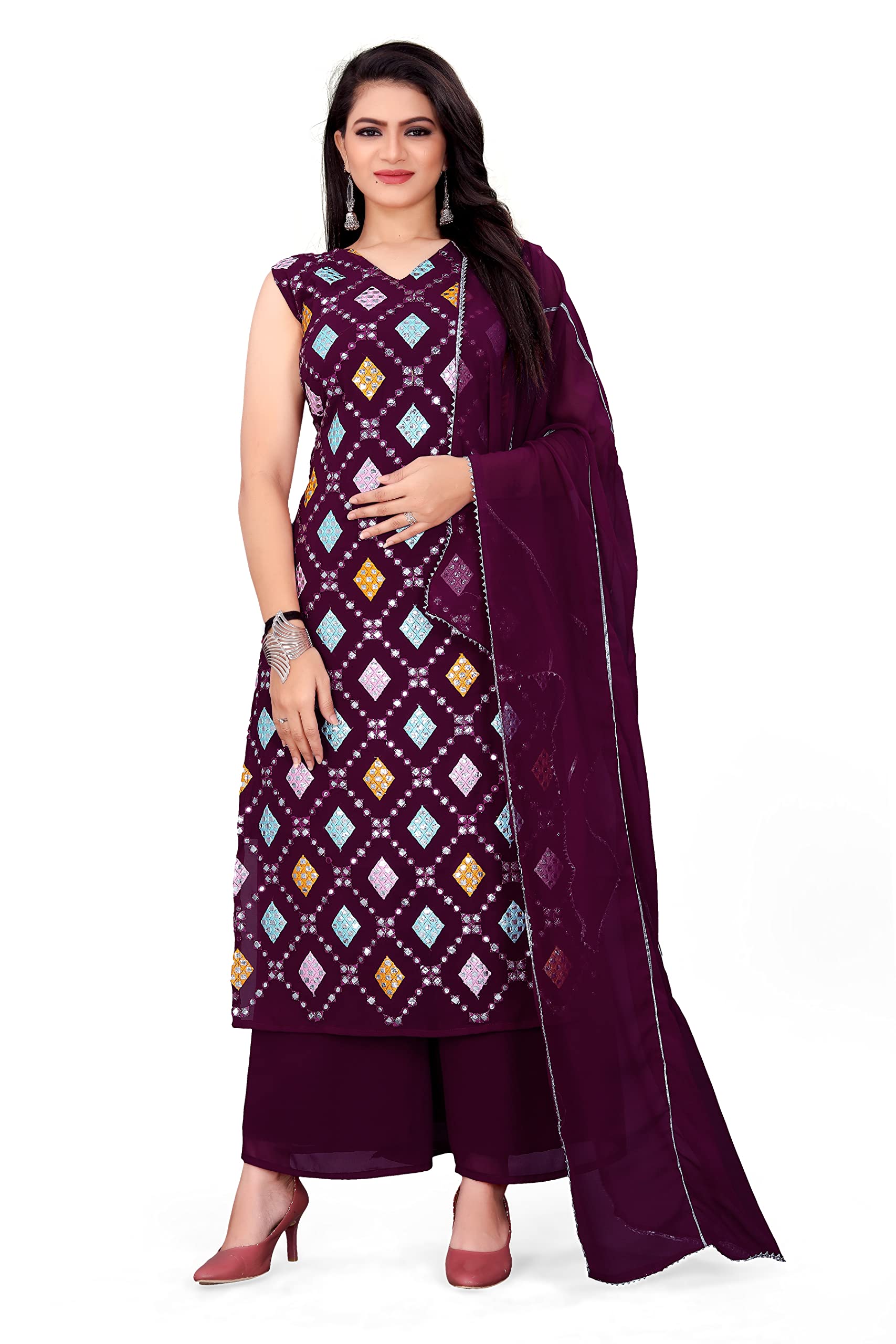 AAHIRA Women's Georgette Thread & Gota Embroidery Stitched Suit Palazzo With Dupatta(Purple)