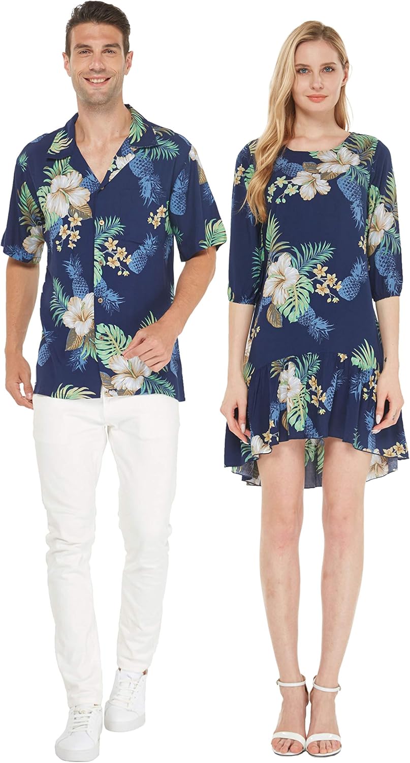 Couple Matching Hawaiian Luau Shirt 3/4 Sleeve Ruffle Dress in Wispy Cereus