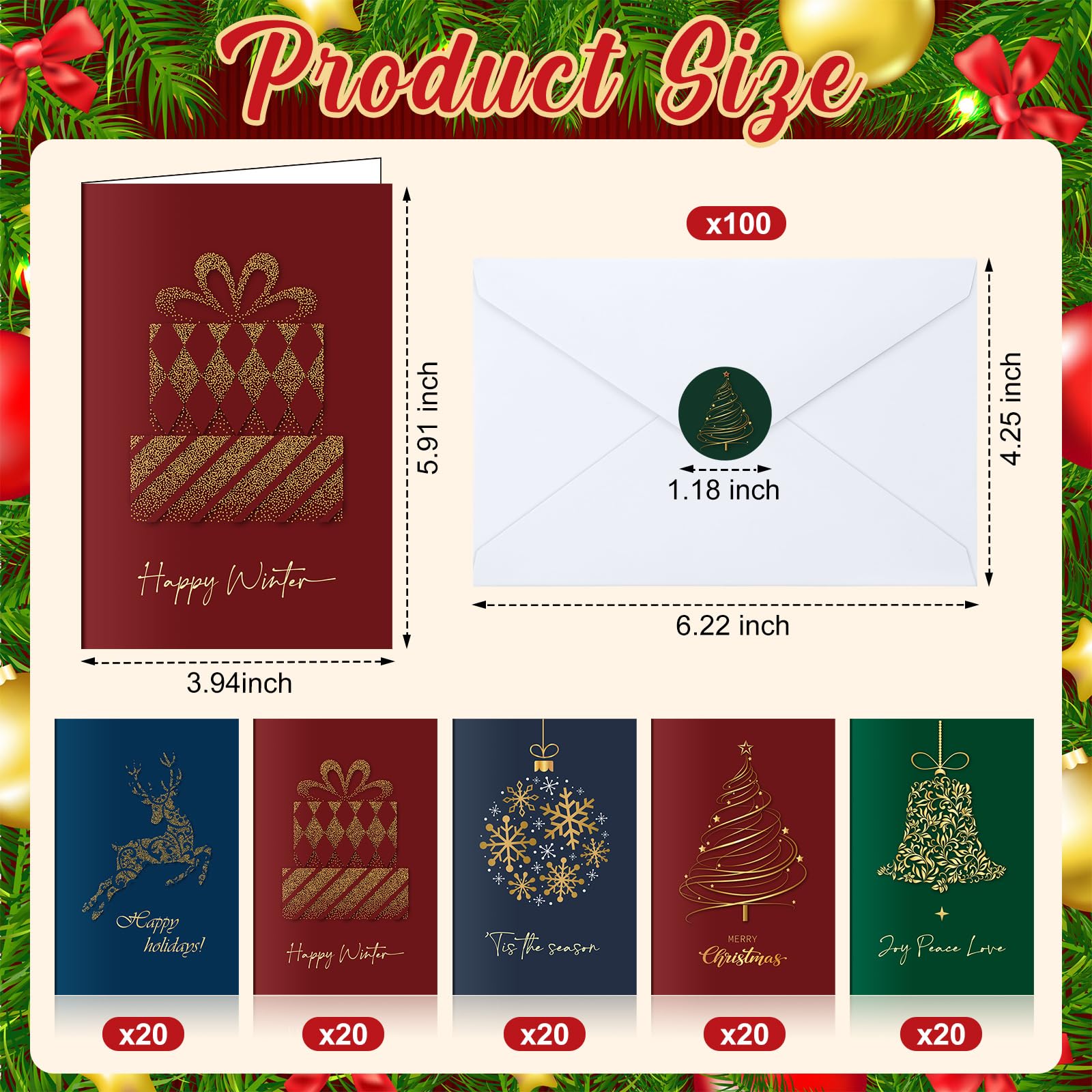 Epakh Lot de 100 cartes de vœux de Noël en feuille d'or avec enveloppes blanches et autocollants, motif arbre de Noël, 5 motifs assortis, cartes vierges pour festival d'hiver, fournitures de fête