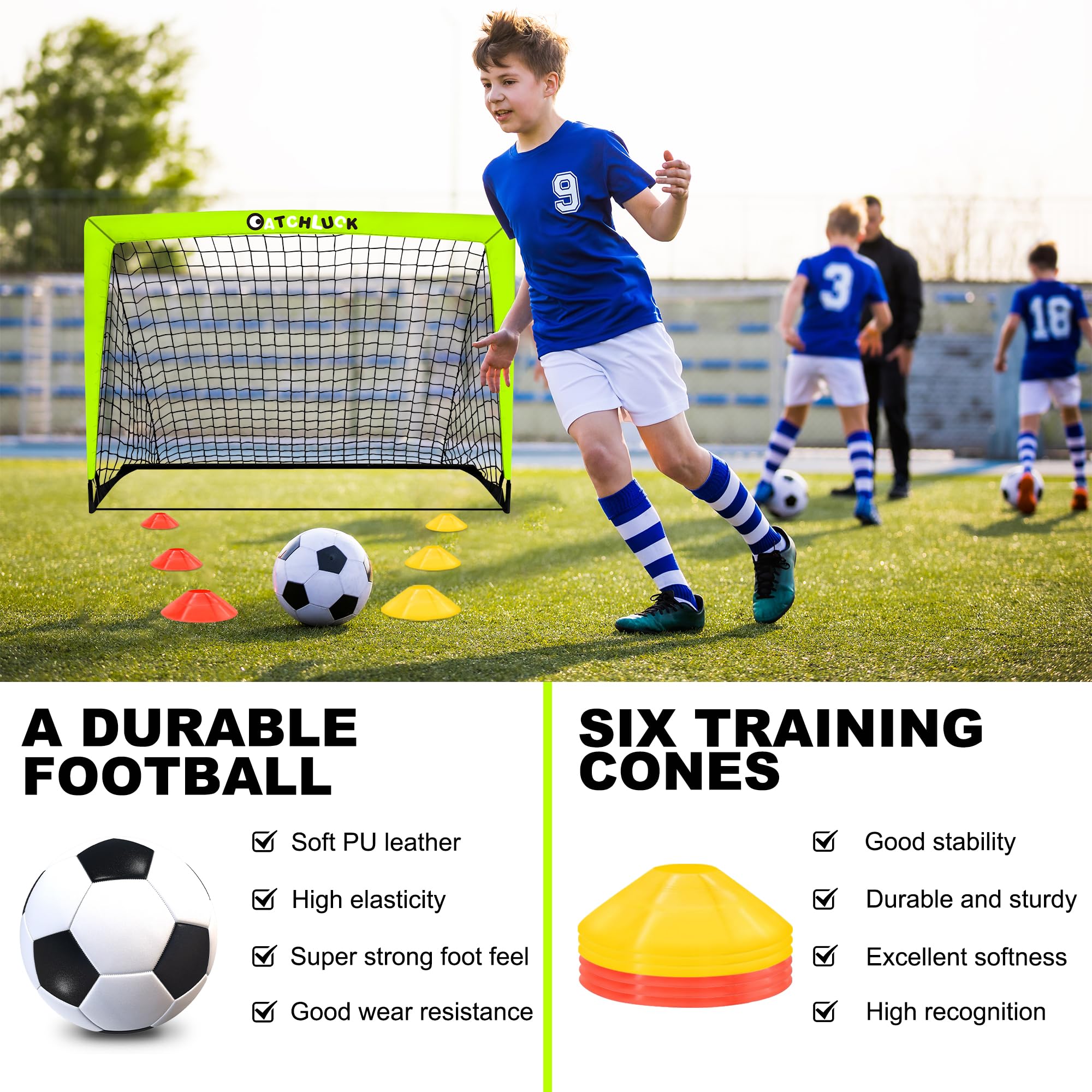 Fussballtore für Kinder Garten Pop Up Fussballtor Kinder Fußball Tore Outdoor mit Zielbereichen, DREI Ziele, Fußball, 6 Hindernisse und Tragetasche