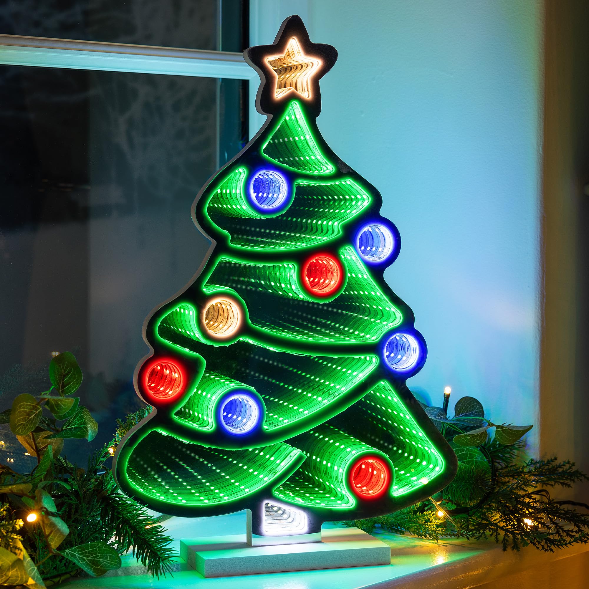CHRISTOW Christmas Tree Infinity Light, LED Mirror Tunnel 3D Effect Decoration with Wooden Base, Indoor Home Lighting, Windowsill Mantelpiece Table Lamp, Mains Operated (H40cm x W26.7cm x D2cm)