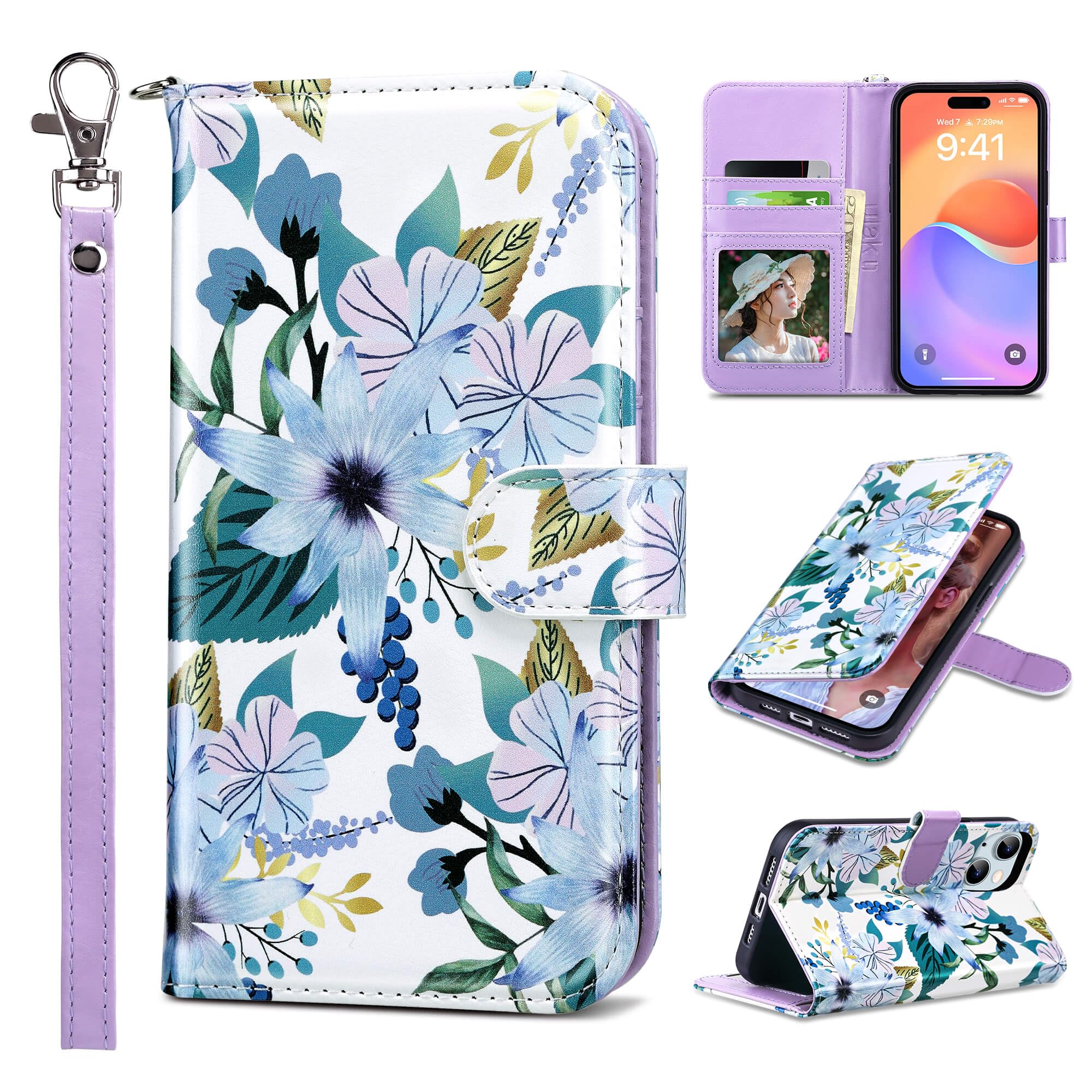 ULAK Compatible with iPhone 15 Plus Wallet Case with Card Holder, Flower Flip Case Wallet for Women Girls PU Leather Kickstand Wrist Strap Shockproof