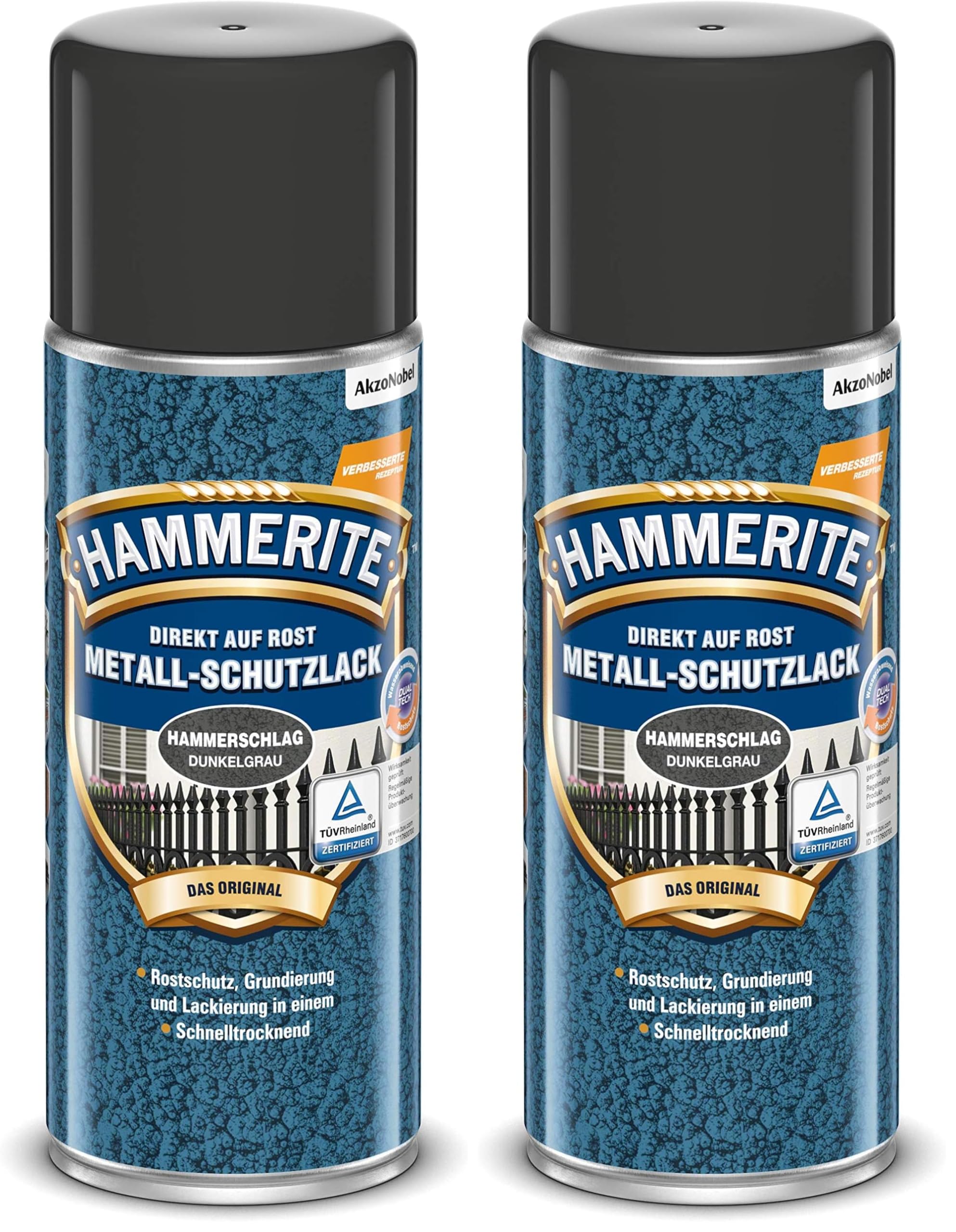 Hammerite Metallschutzlack Spray Hammerschlag, 3in1- Rostschutz, Dunkelgrau, 400 ml (Packung mit 2)