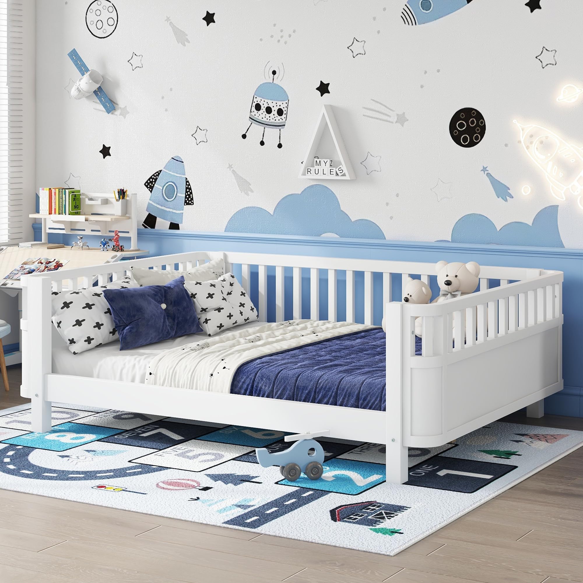 Aurnienofus Full Bed Frame for Kids Bed with Rails, Low Montessori Bed with Slats Support, Wood Daybed with Detachable Side Rails for Boys Girls