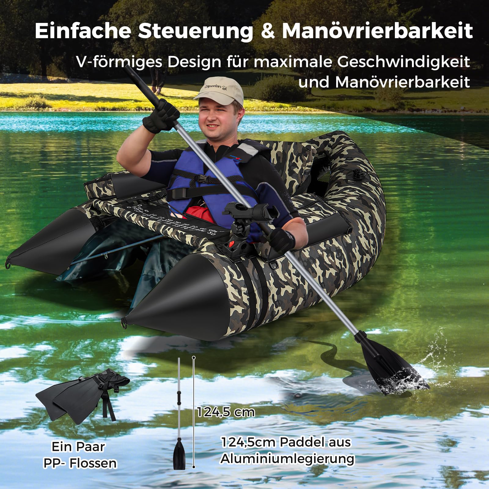 LEADZM Aufblasbares Angelboot Camouflage - Schlauchboot Mit Pumpe 150kg Tragkraft