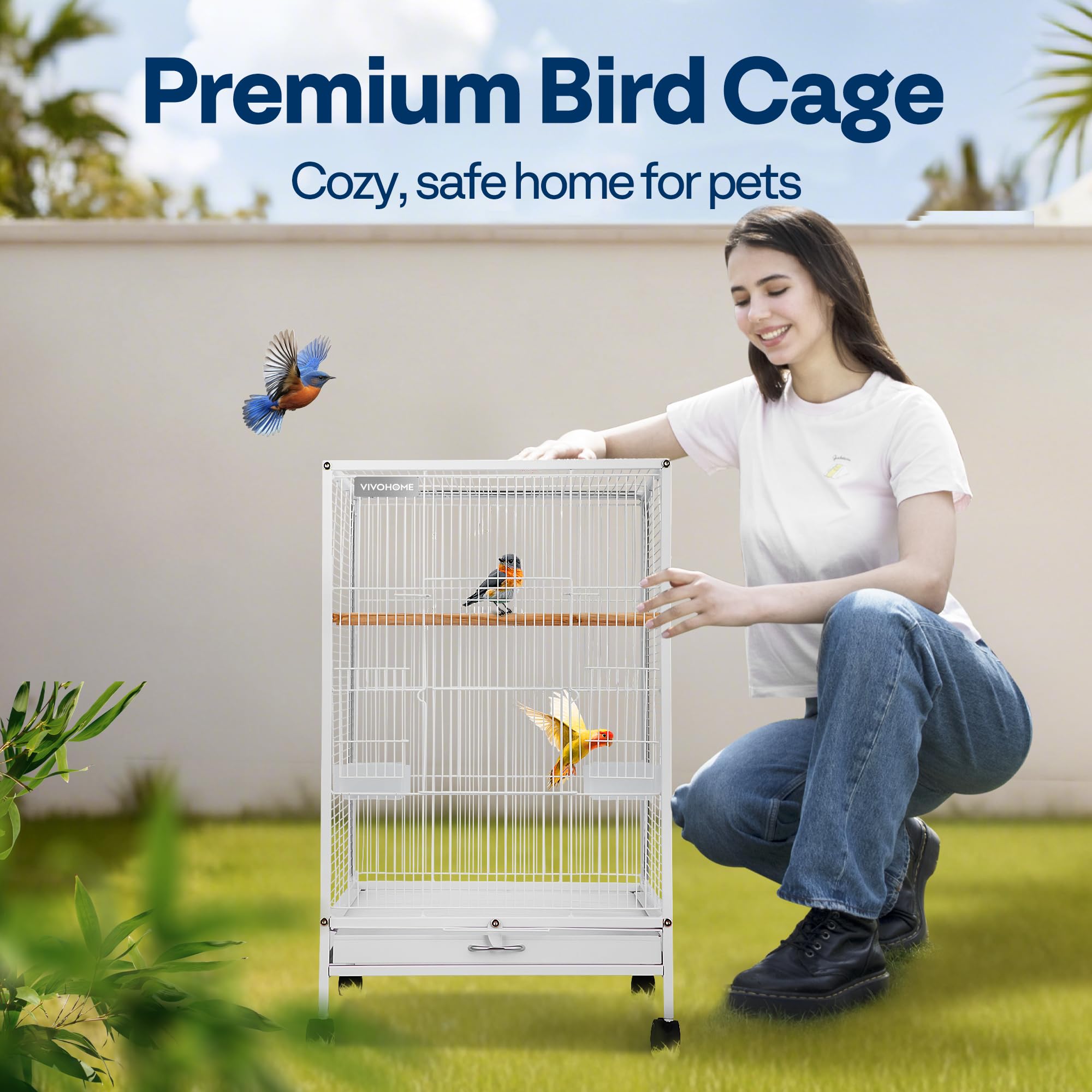 VIVOHOME Jaula para pájaros de hierro forjado de 30 pulgadas de altura con soporte rodante para loros Conure Lovebird cacatúa blanca