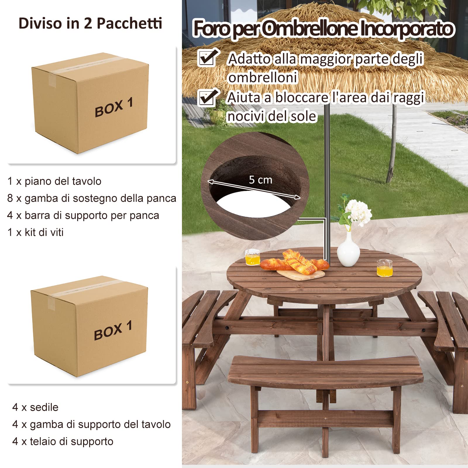 COSTWAY Set Tavolo da Giardino con 4 Panche Integrate, Legno Massiccio, con Foro Ombrellone, per 4-8 Persone, Tavolo Rotondo da Picnic per Esterno, Ogni Panca Porta 225 kg (Marrone, 178 x 178 x 70 cm)