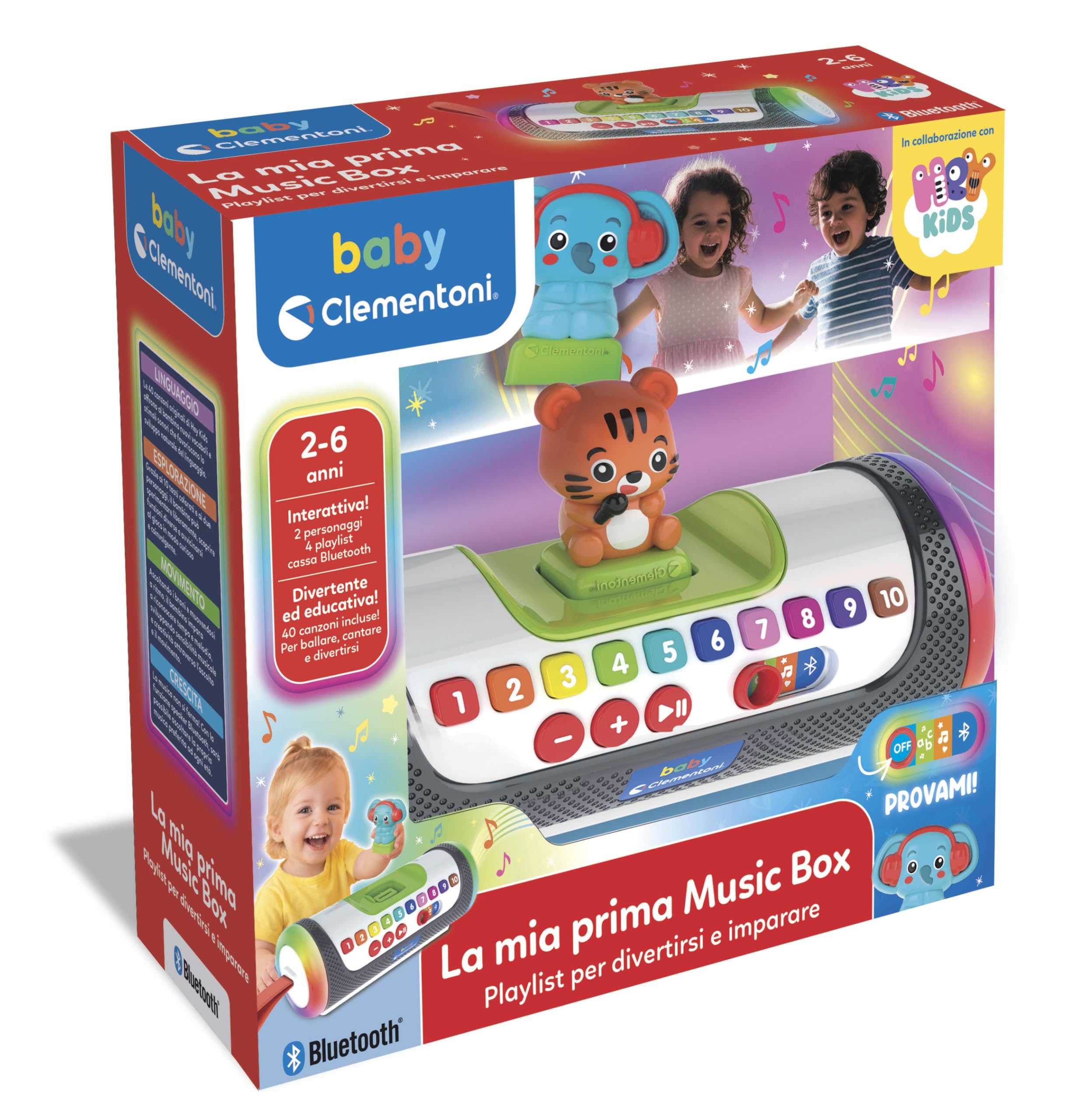 Clementoni Baby - La Mia Prima Music Box, Altoparlante Educativo Bluetooth Bambini 2-6 Anni, Cassa Musicale con 40 Canzoni Hey Kids, Luci LED e 2 Personaggi, Lingua Italiana, 17641