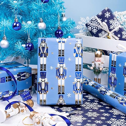 Vista 49 de WRAPAHOLIC Papel de regalo reversible de Navidad, mini rollo, 17 pulgadas x 33 pies, diseño de gnomo azul morado y cuadros con brillo metálico
