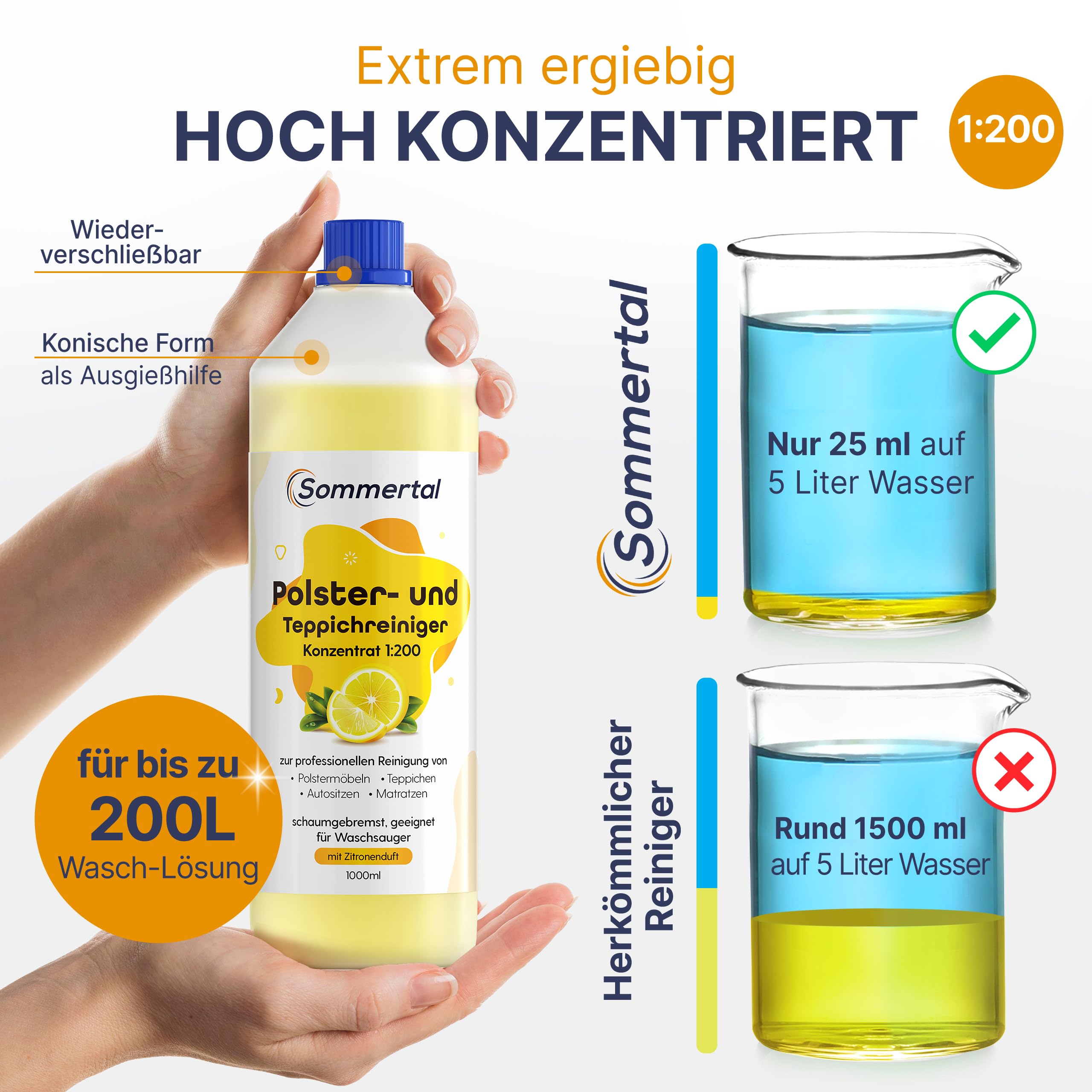 Sommertal Nettoyant professionnel concentré pour tissus d'ameublement et tapis, 1 l, pour plus de 40 lavages, convient pour canapé, coussins, sièges de voiture, tapis, matelas, aspirateur humide et