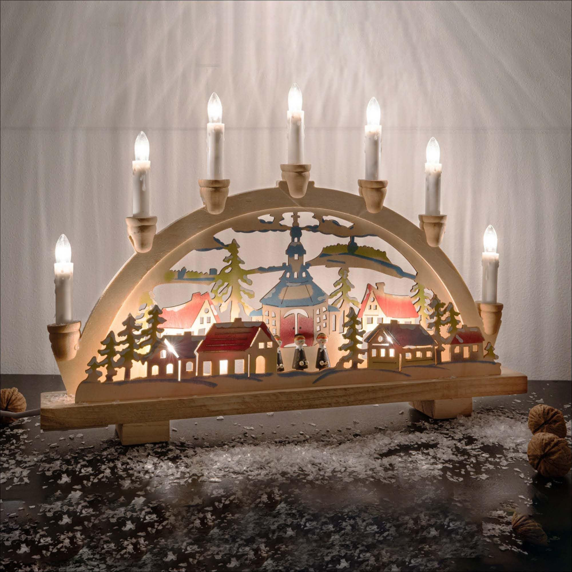 hellum 151817 Arche lumineuse, Décoration de Noël avec 10 bougies (+ 2 bougies de rechange) pour l'intérieur Motif chanteur d'étoiles en bois avec interrupteur et prise