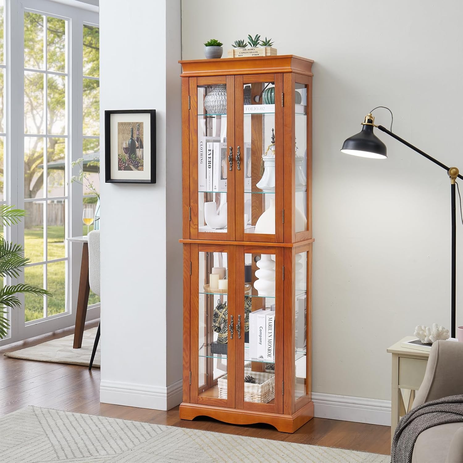 Lighted Display Curio Cabinet, Display Cabinet, Glass Storage Cabinet, Bar and Liquor Storage Area, with Tempered Glass Door and 6 Shelves for Living Room, Kitchen, Pantry Light Bulb Included (Oak)