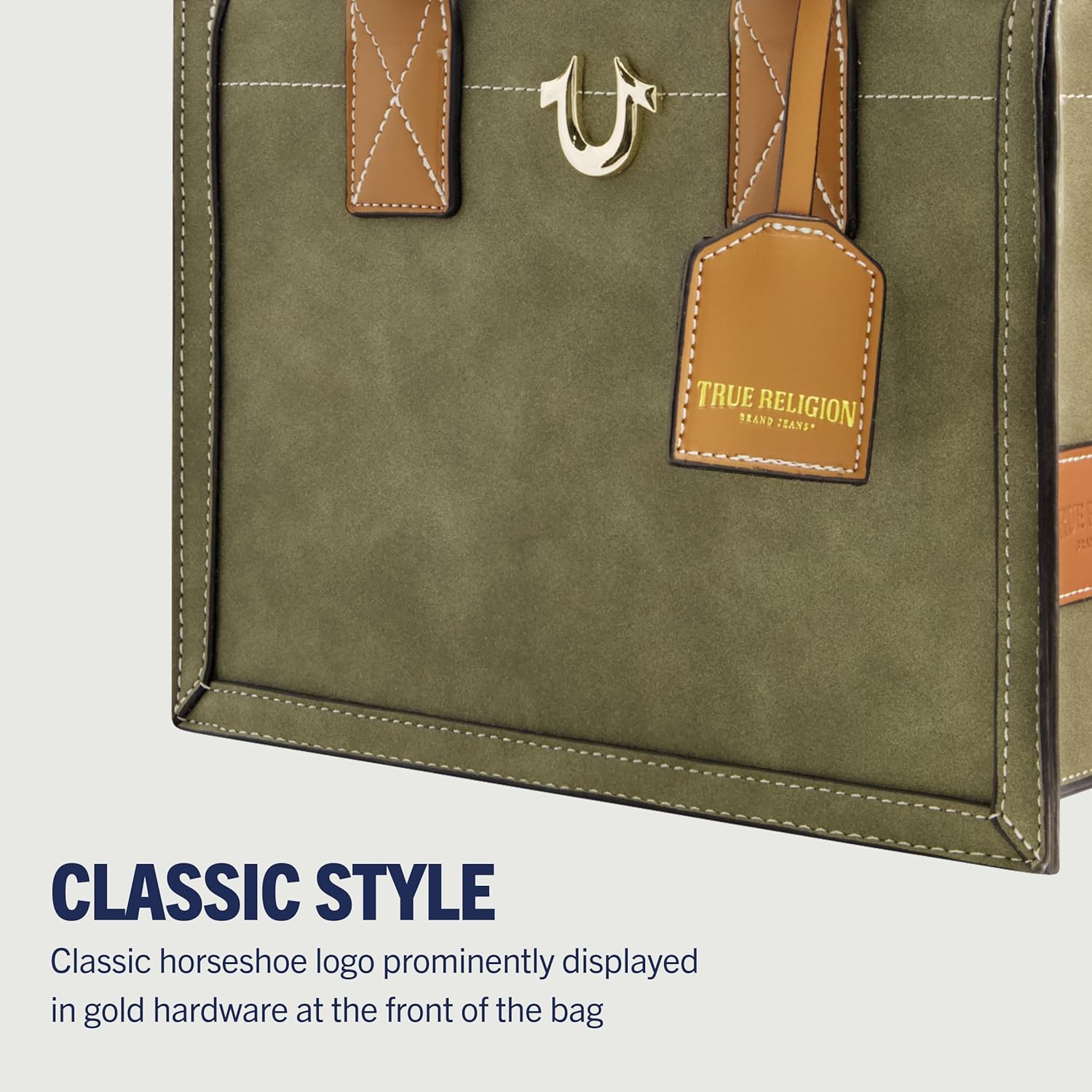 True Religion Women's Tote Bag, Faux Suede Medium Travel Purse Handbag with Adjustable Shoulder Strap and Horseshoe Logo