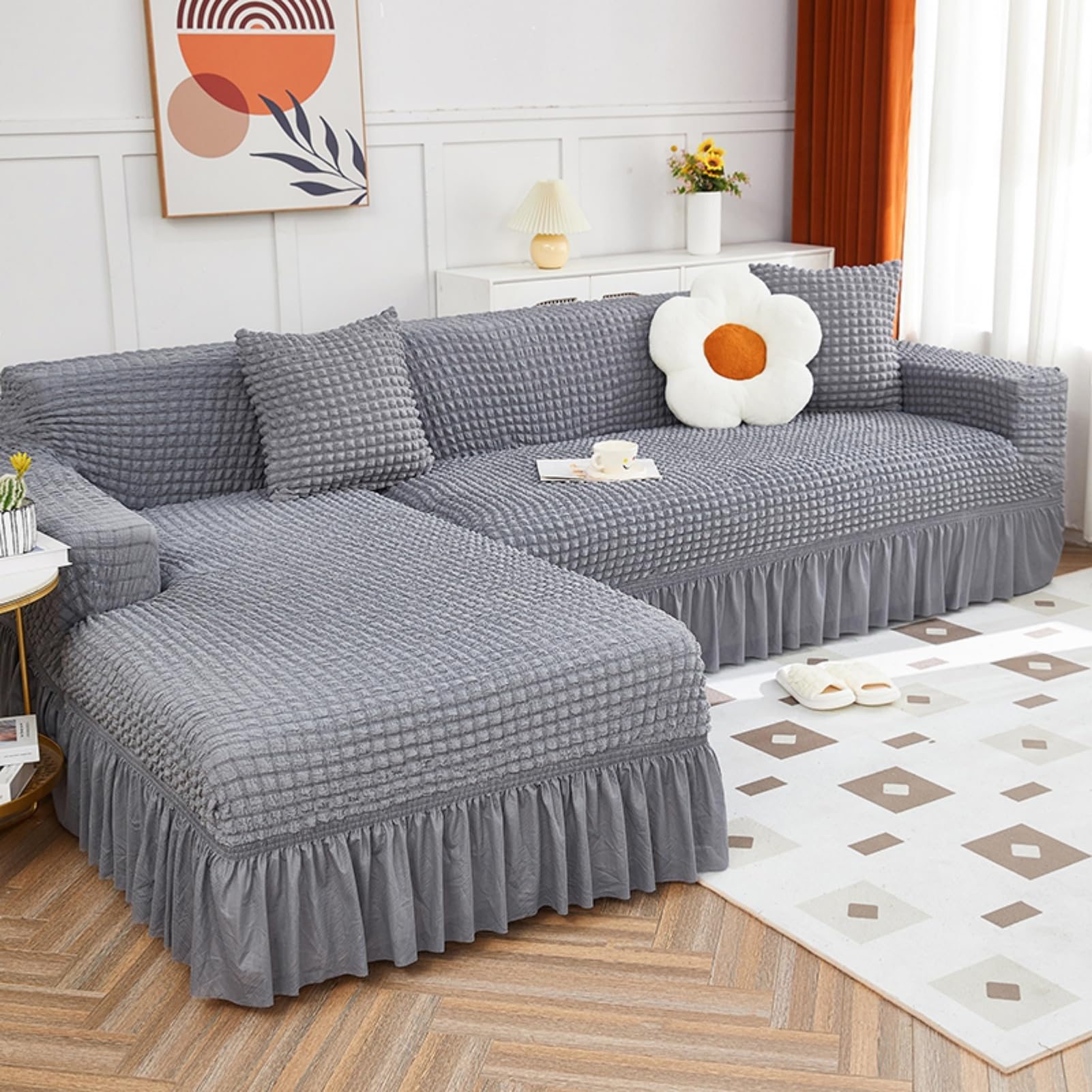 Copridivano, Sofa Cover, Copridivano 3 Posti con Penisola, Copridivano Angolare, Copridivano Universale con Penisola A Sinistra/Destra (Grigio Chiaro,Tre Persone)