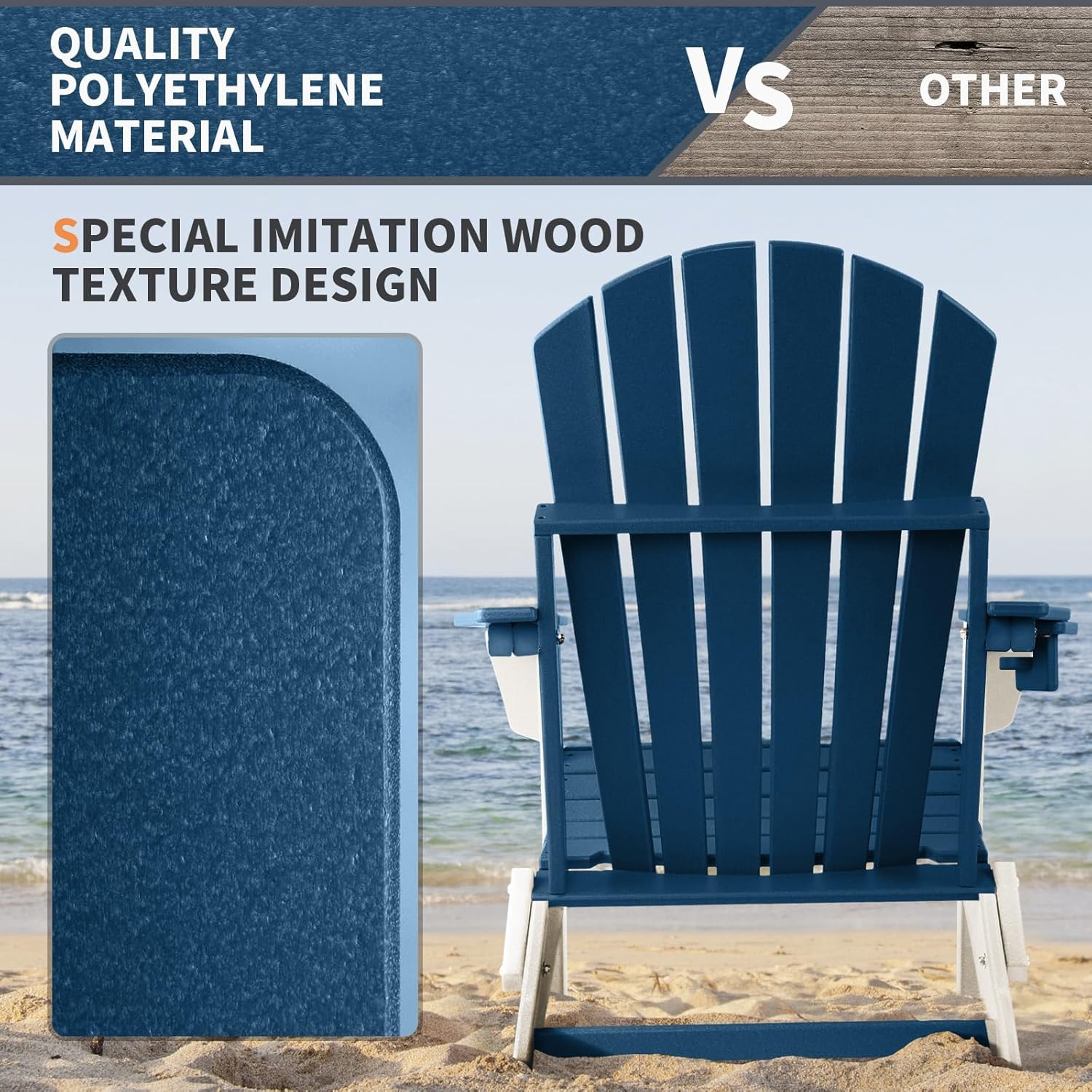 FUNBERRY Folding Adirondack Chair Set of 4, Blue & White All Weather HDPE Fire Pit Chairs with Cup Holder for Outdoor