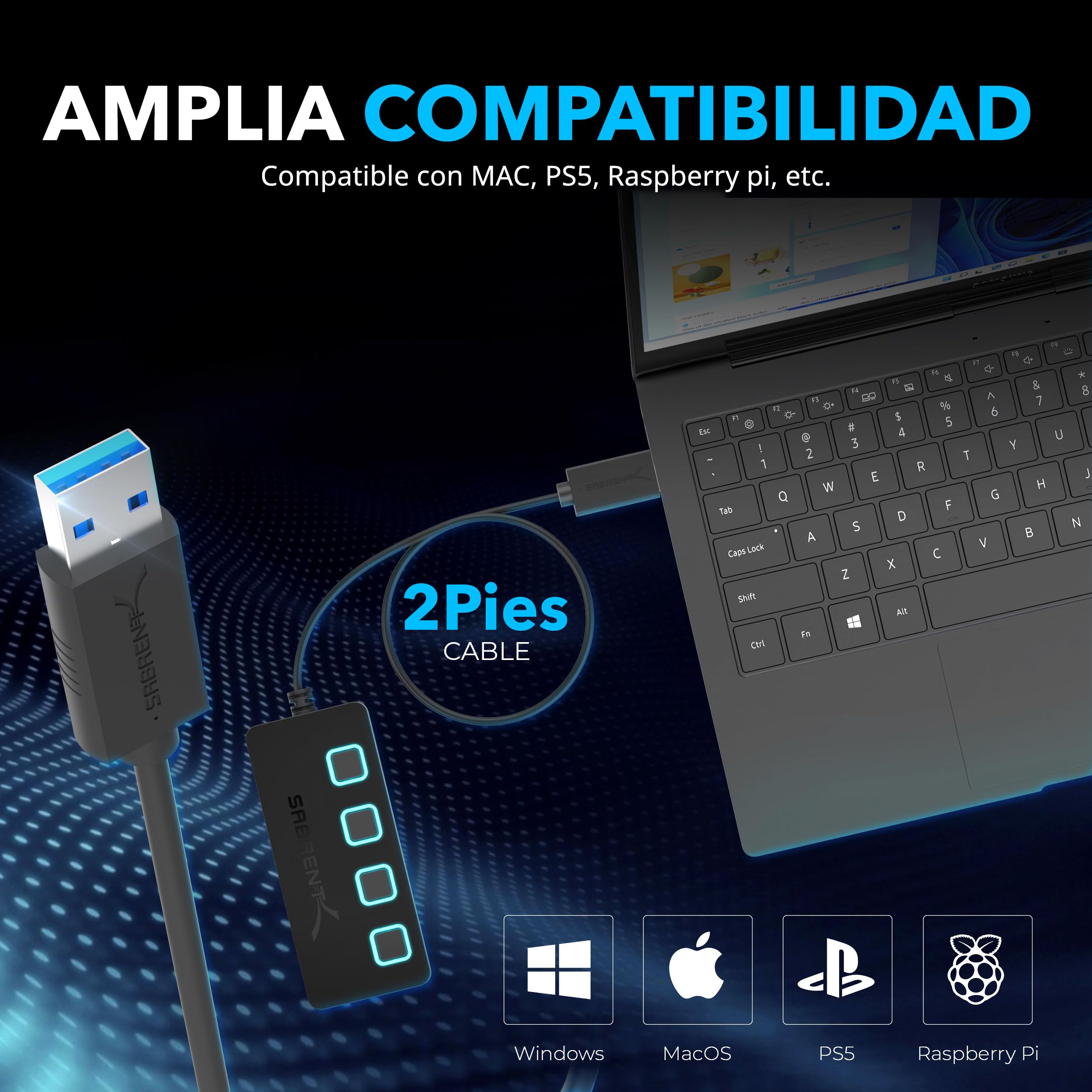 SABRENT Hub de 4 Puertos con interruptores de alimentación Individuales y Leds | USB 3.0 | Incluye Adaptador de Corriente de 5V/2.5A | para PS5, Xbox, PC, Ordenador portátil, Gaming [HB-UMP3]