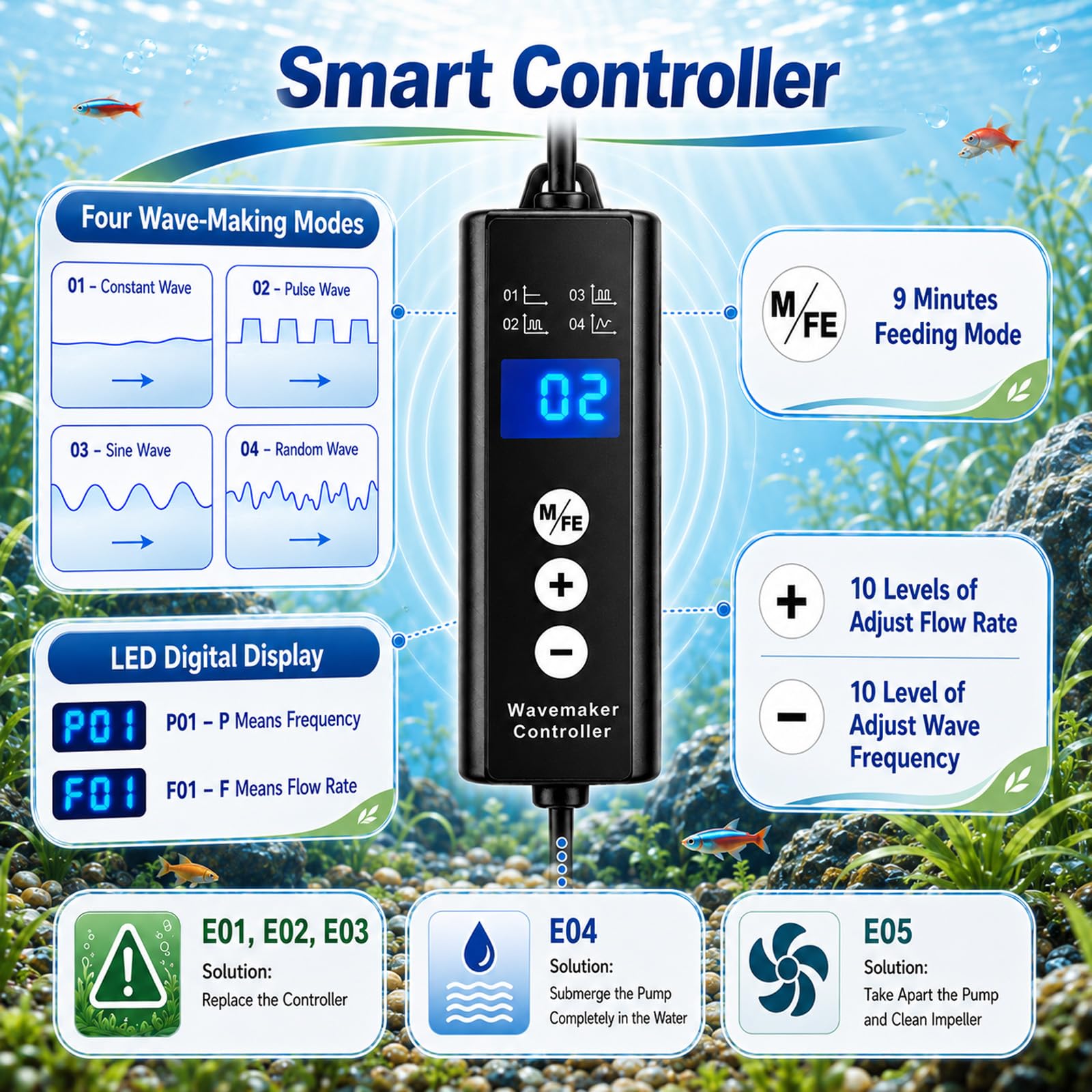Mini Pompe de Brassage Aquarium 6W, Wave Maker Aquarium Magnétique DC | 3000L/h & 10 Vitesses, Pompe de Circulation avec 4 Modes pour Aquariums 15-189L, pour l'eau Douce et Salée