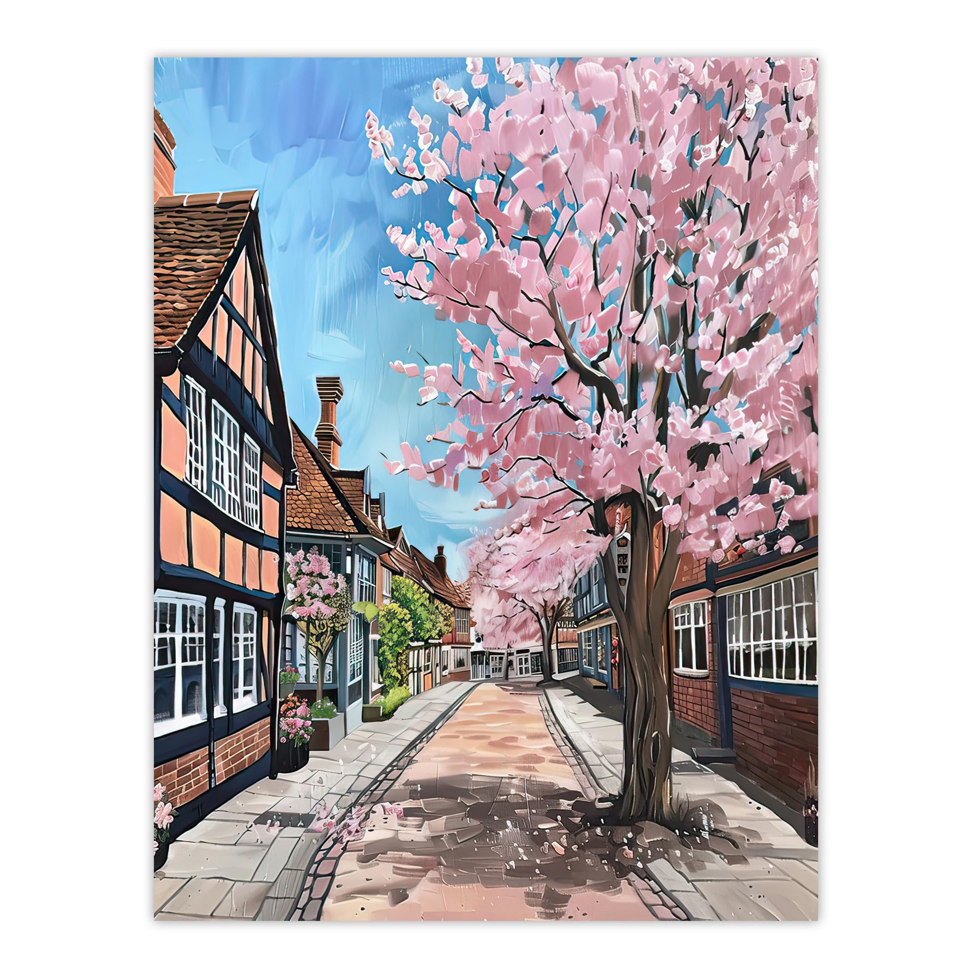 Artery8 Cherry Blossom Lymm Village Cheshire Painting Living Room Large Wall Art Poster Print Thick Paper 18X24 Inch