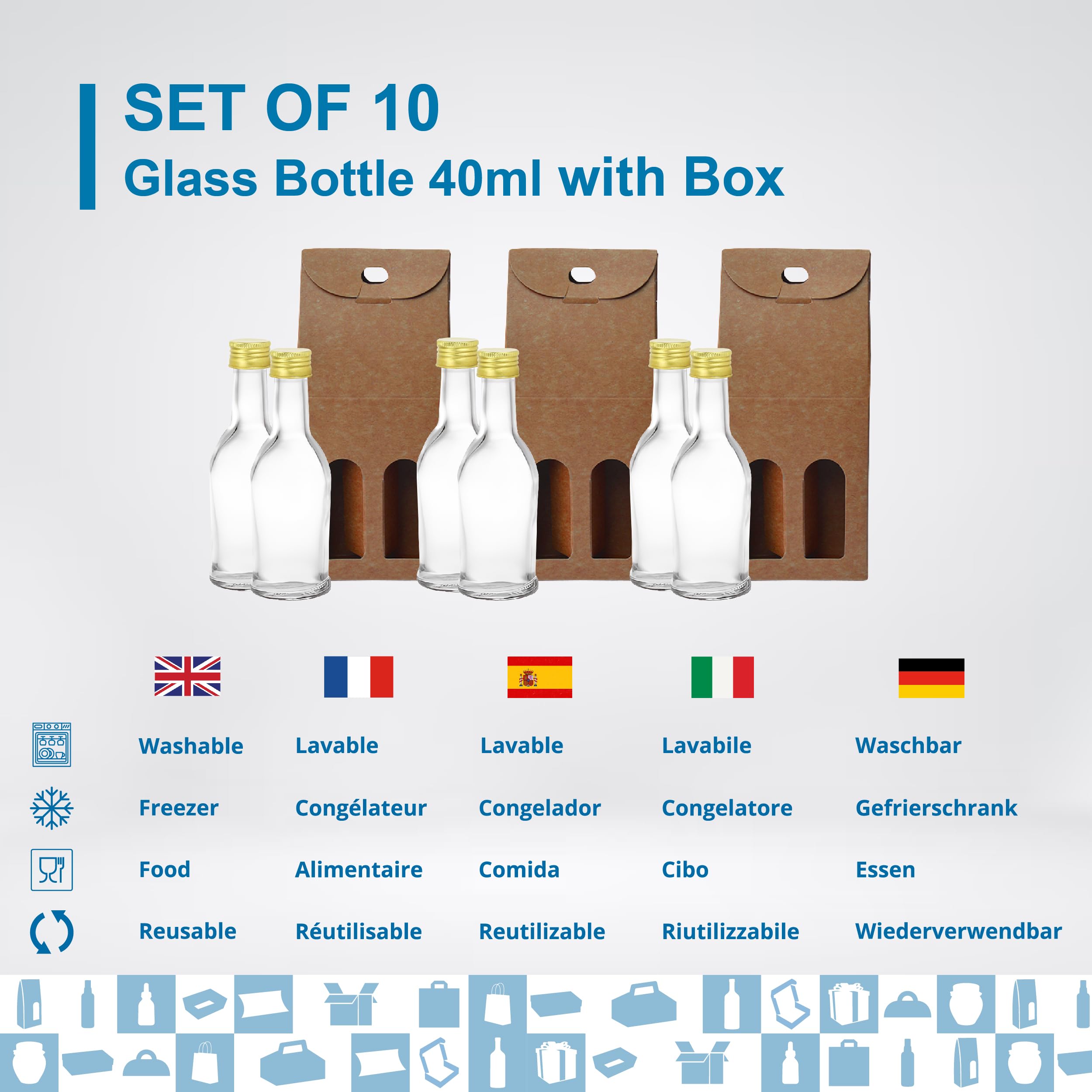 Paquete de 20 mini botellas de cristal Galão de 40 ml con tapón de rosca dorado y caja para 2 botellas- Miniaturas de alcohol de 4 cl, pequeñas muestras, ideal para regalos, bodas