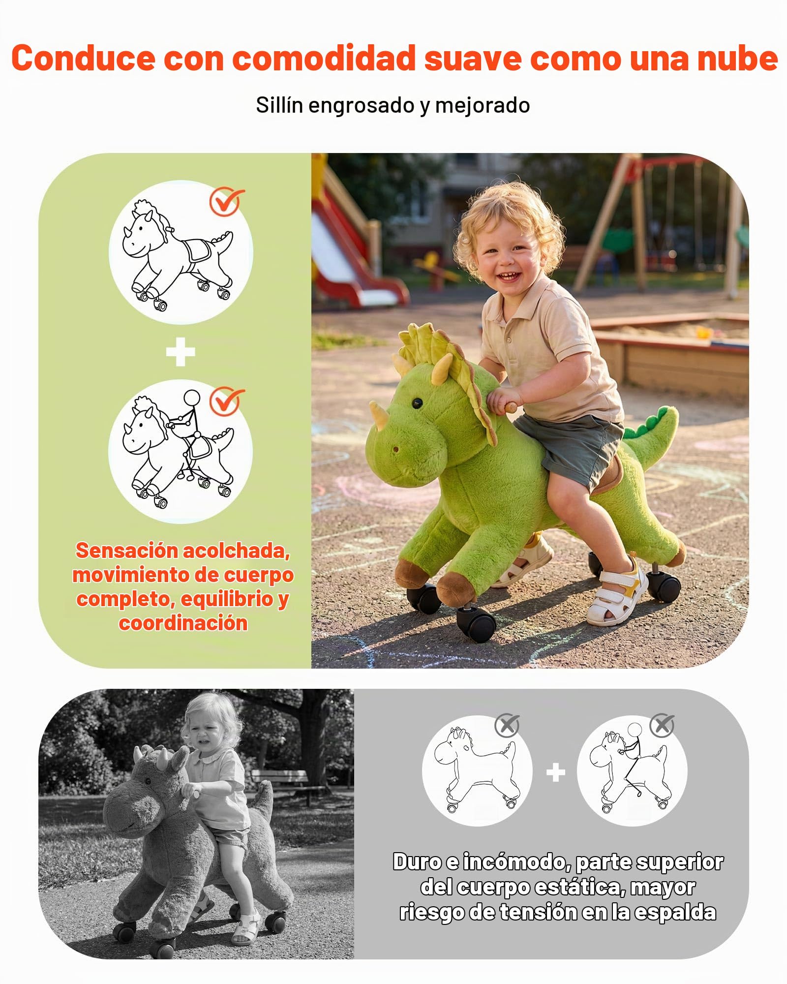 VEVOR Dinosaurio de Juguete Correpasillos para Niños, Juguete de Montar sin Pedales con Sonido, Ruedas Giratorias, Asiento Acolchado y Estructura de Metal, Uso Interior y Exterior, Carga hasta 40 kg