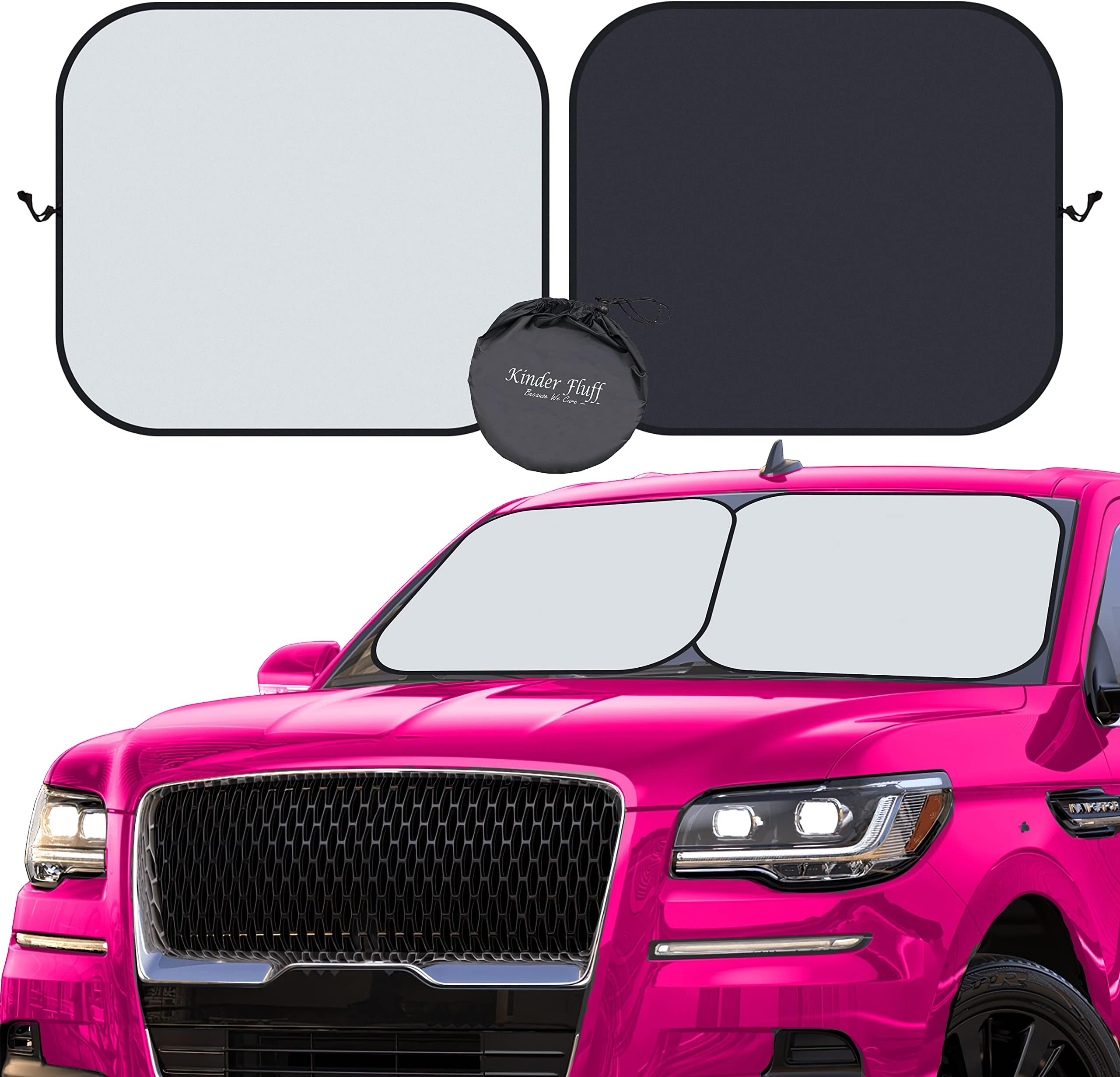 – kinder Fluff Windshield Sunshade| Reflective Patented Car Sun Protection - Certified 99% UVR Block -Cool Interior | Foldable 2-Piece Sun Cover | Automotive Accessories for Summer Heat | Large Size