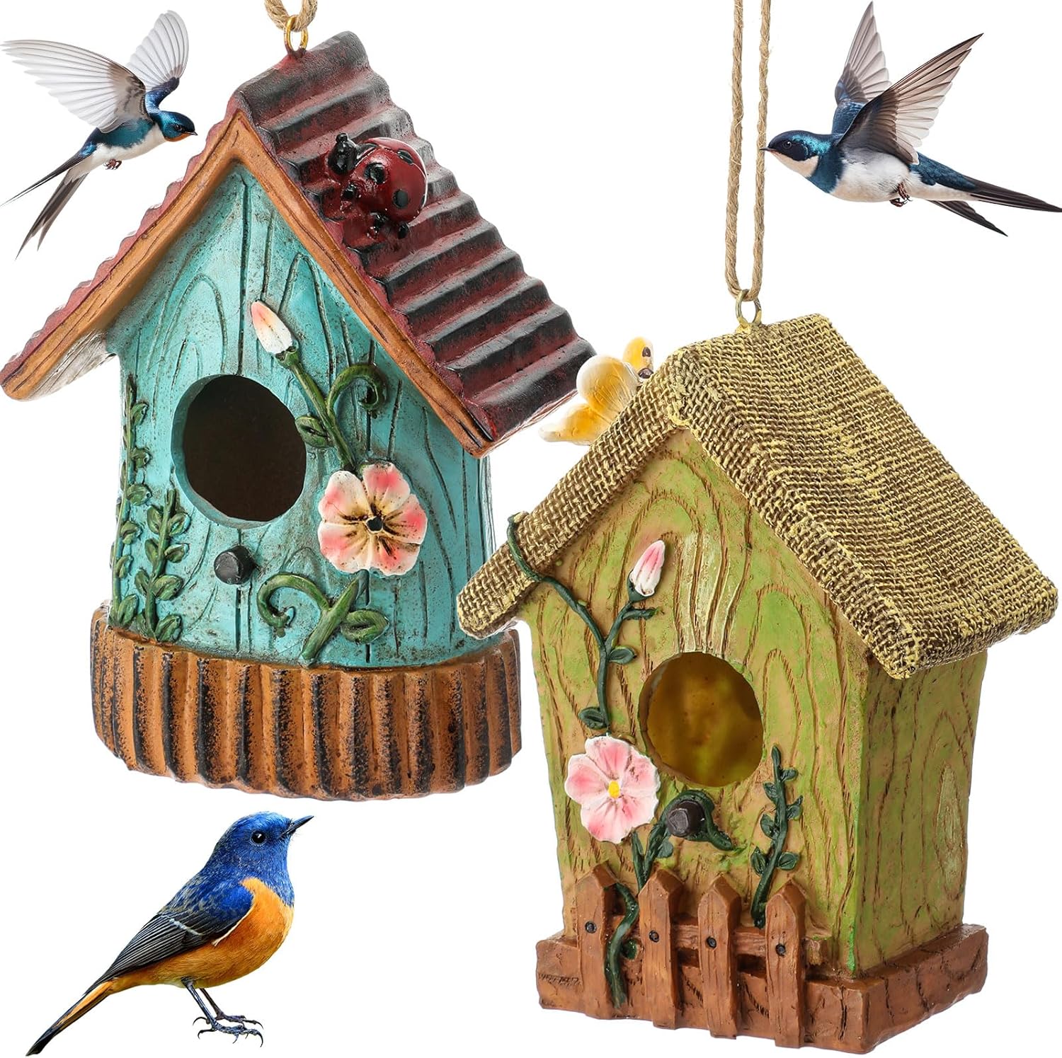 2 Pcs Birdhouse for Outside Hanging Bird Houses for Outdoor Colorful Decorative Cute Resin Birdhouses for Outside Indoors Nesting Garden Backyard Decor, for Bird Lovers(Simple)