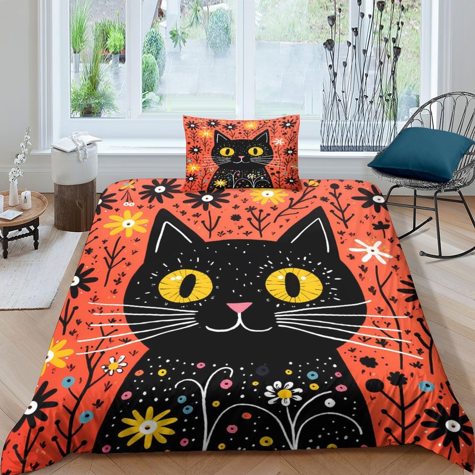 Housse de couette fleurs et chat sans repassage en microfibre pour éliminer les plis du lit