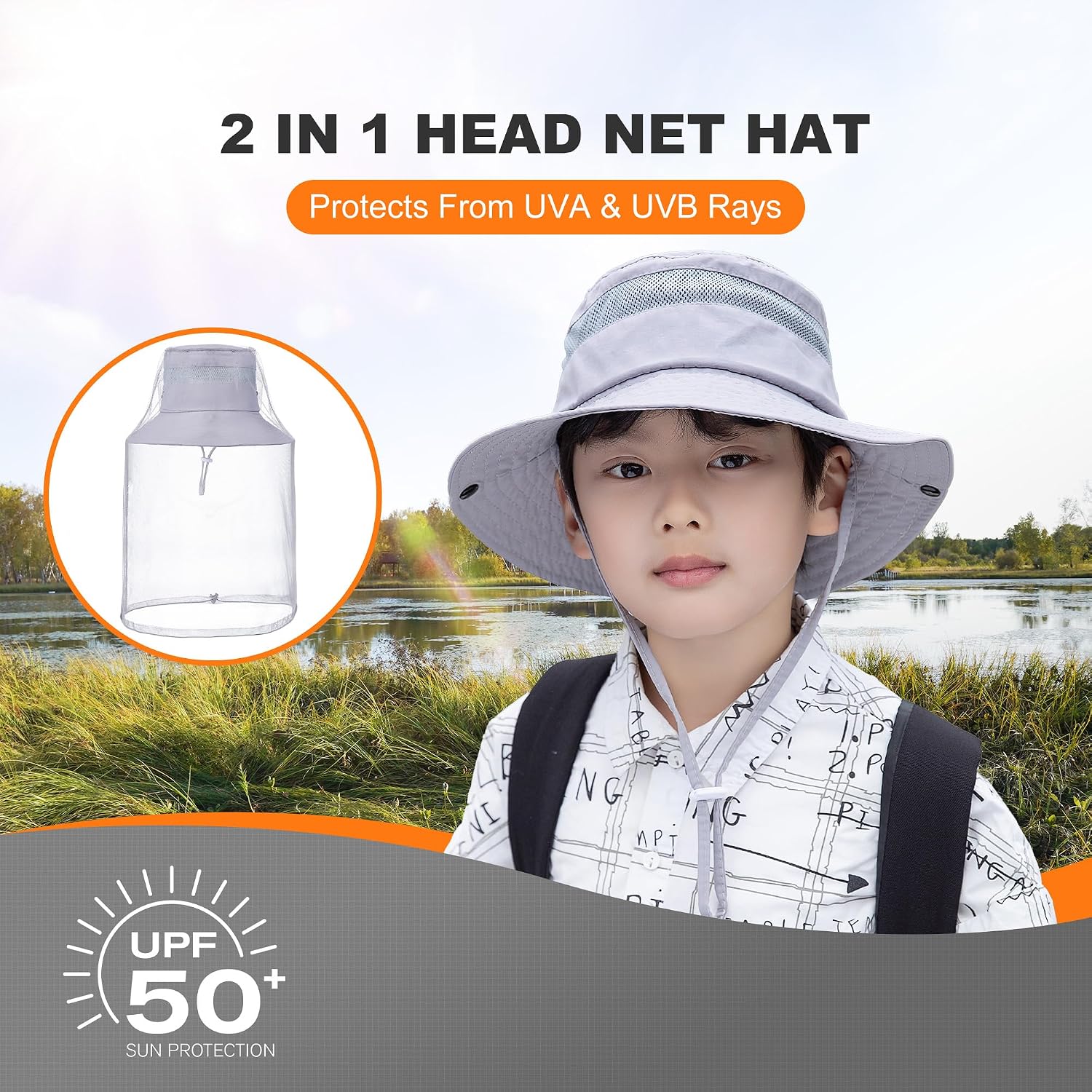 Tibeha Kids Mosquito Head Net Hat UPF 50+ Sun Protection Bug Cap image 2