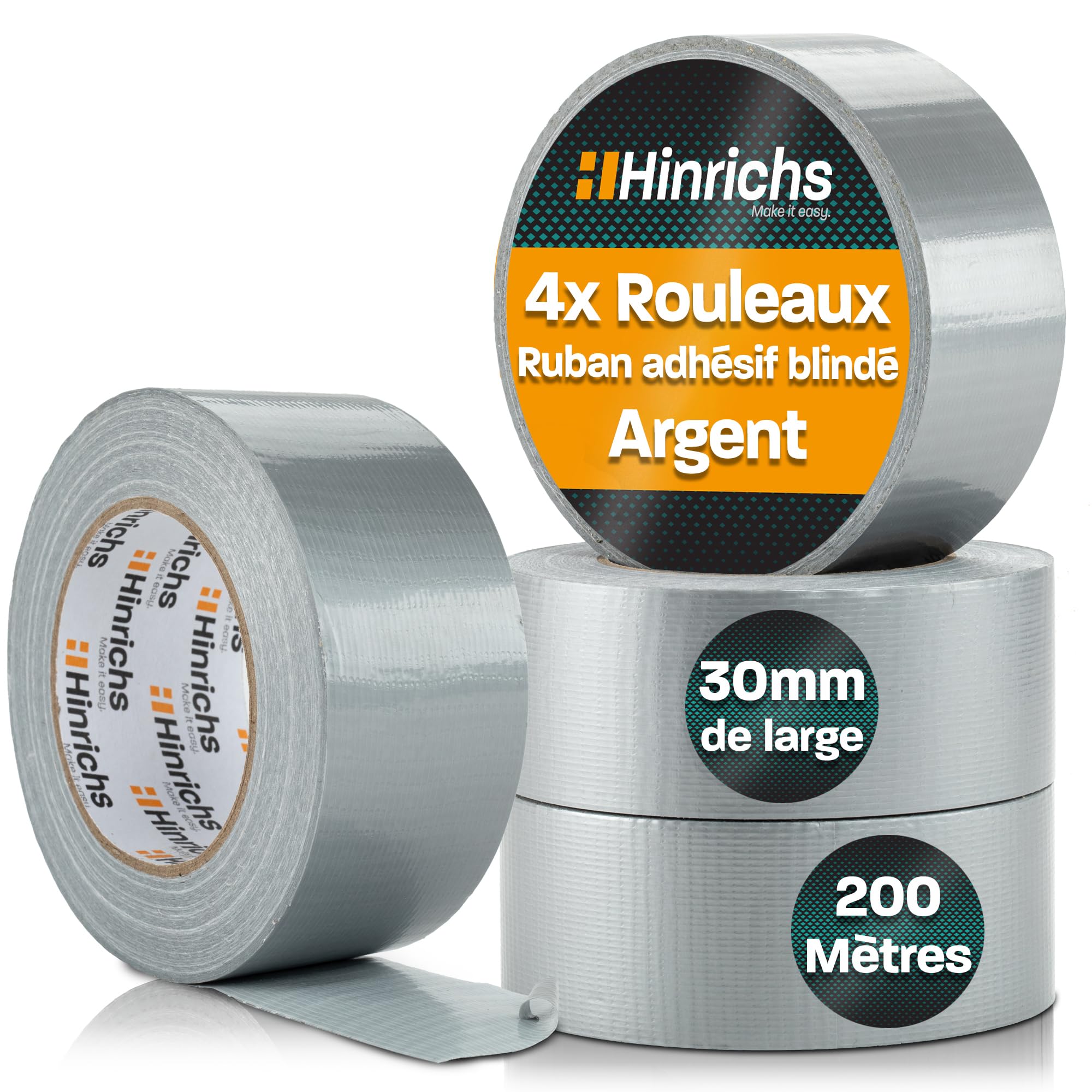 Hinrichs Ruban Adhésif Argenté – Lot de 4 Rouleaux de Gros Scotch 50 m x 50 mm – Scotch Renforcé Ultra Résistant – Duct Tape Imperméable – Ruban Gaffer Argenté pour Intérieur et Extérieur
