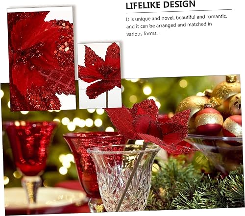 Miniatura 4 de Amosfun 6 piezas de flores artificiales de Navidad, decoración del hogar, flores rojas, magnolia, hojas de nochebuena con purpurina, flores de