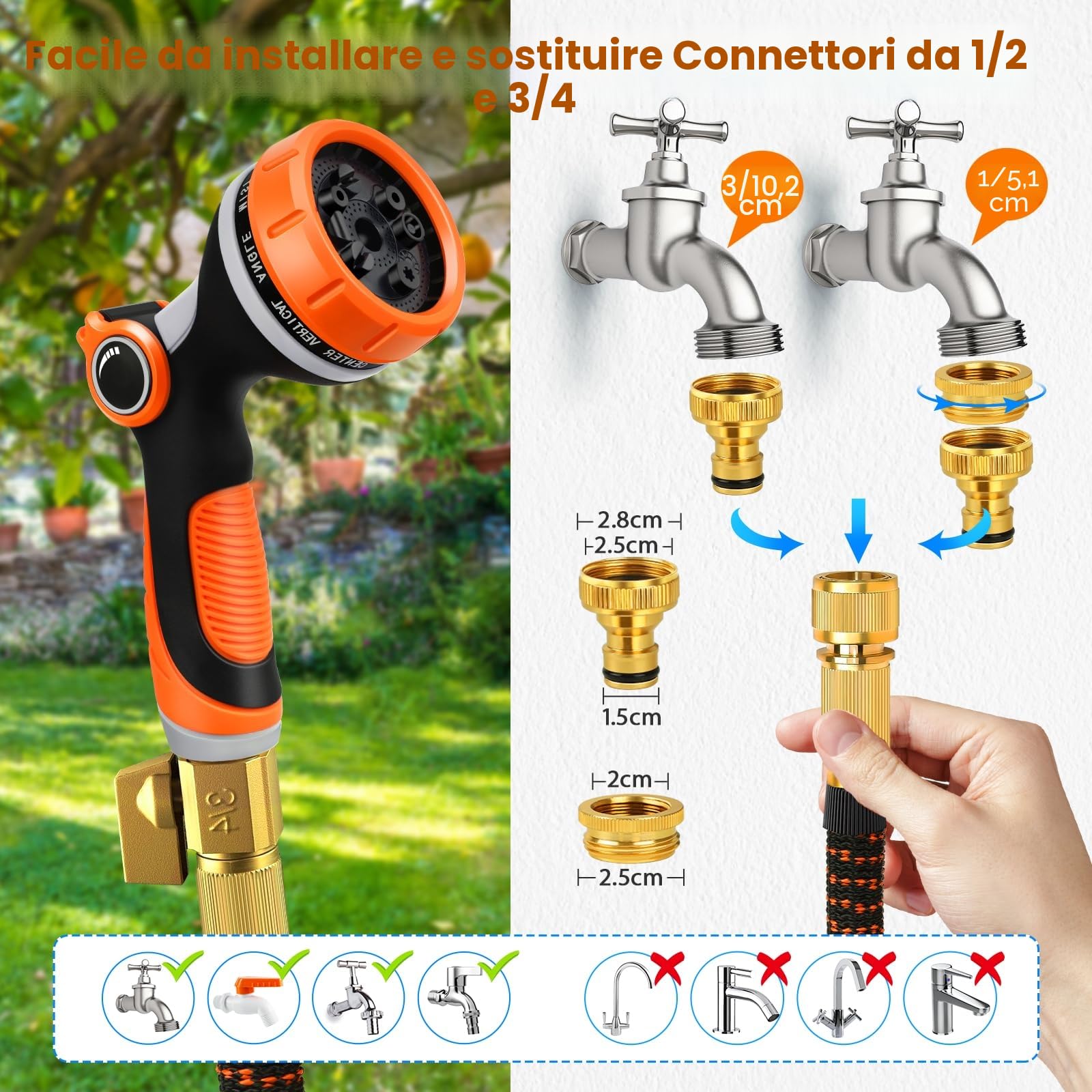 Edonkvi Tubo Acqua Giardino 45 Metri, Tubo Estensibile da Giardino con 10 Funzioni Pistola, Gomma Canna Dell'acqua per Innaffiare, Flessibile Pompa Allungabile Raccordo in Ottone da 1/2" 3/4" Attacco