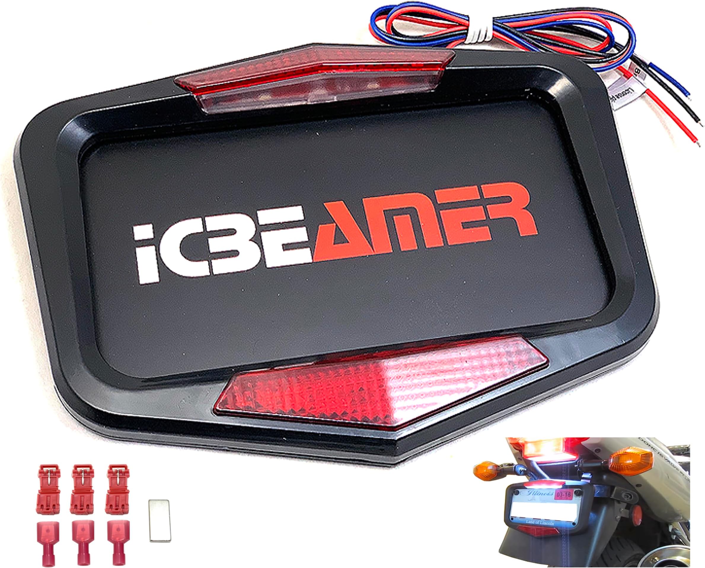ICBEAMER Waterproof Universal Fit Most Motorcycle License Plate Frame w/ 6+ Flashing LED Tail +Brake Light [Matte Black]