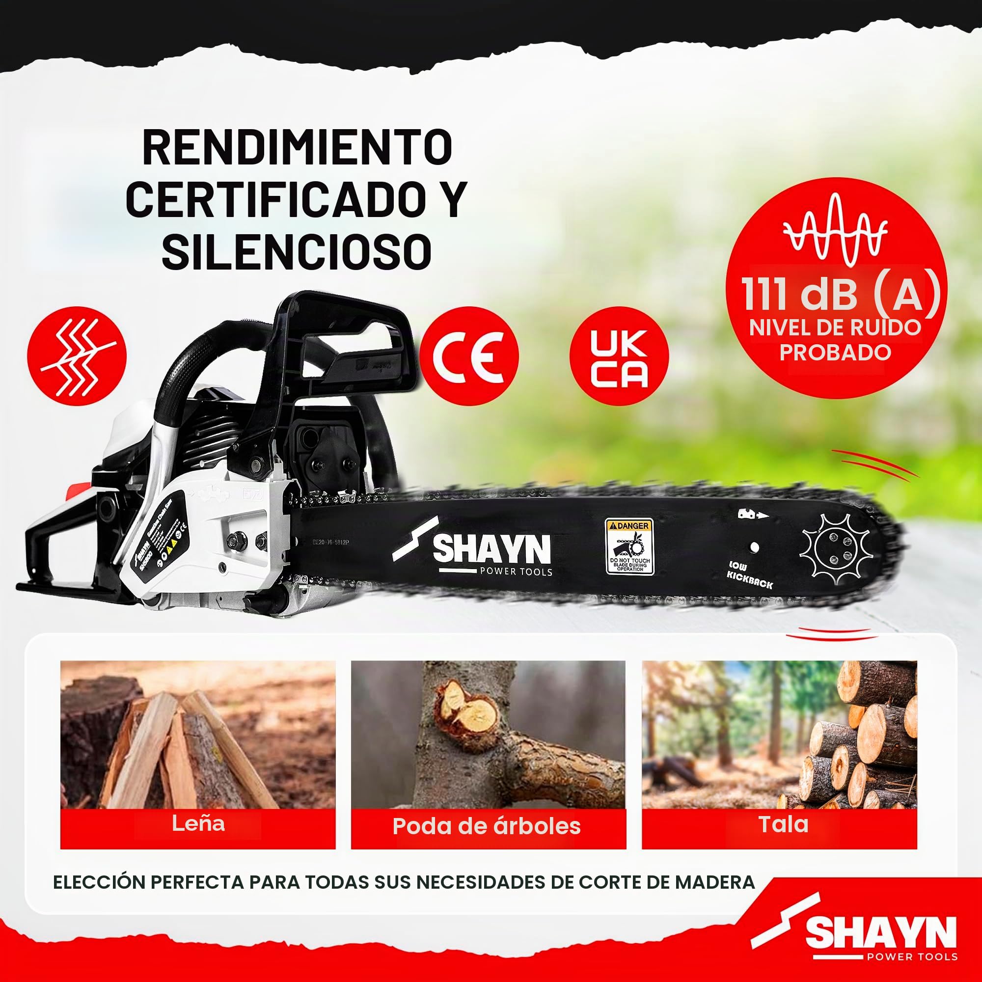 SHAYN Motosierra Gasolina de 58 cc – Sierra de cadena con mango superior de 2 tiempos con barra de espada de 50 y 40 cm, 4 cadenas de repuesto, antivibración - Ligera con 3 años de garantía
