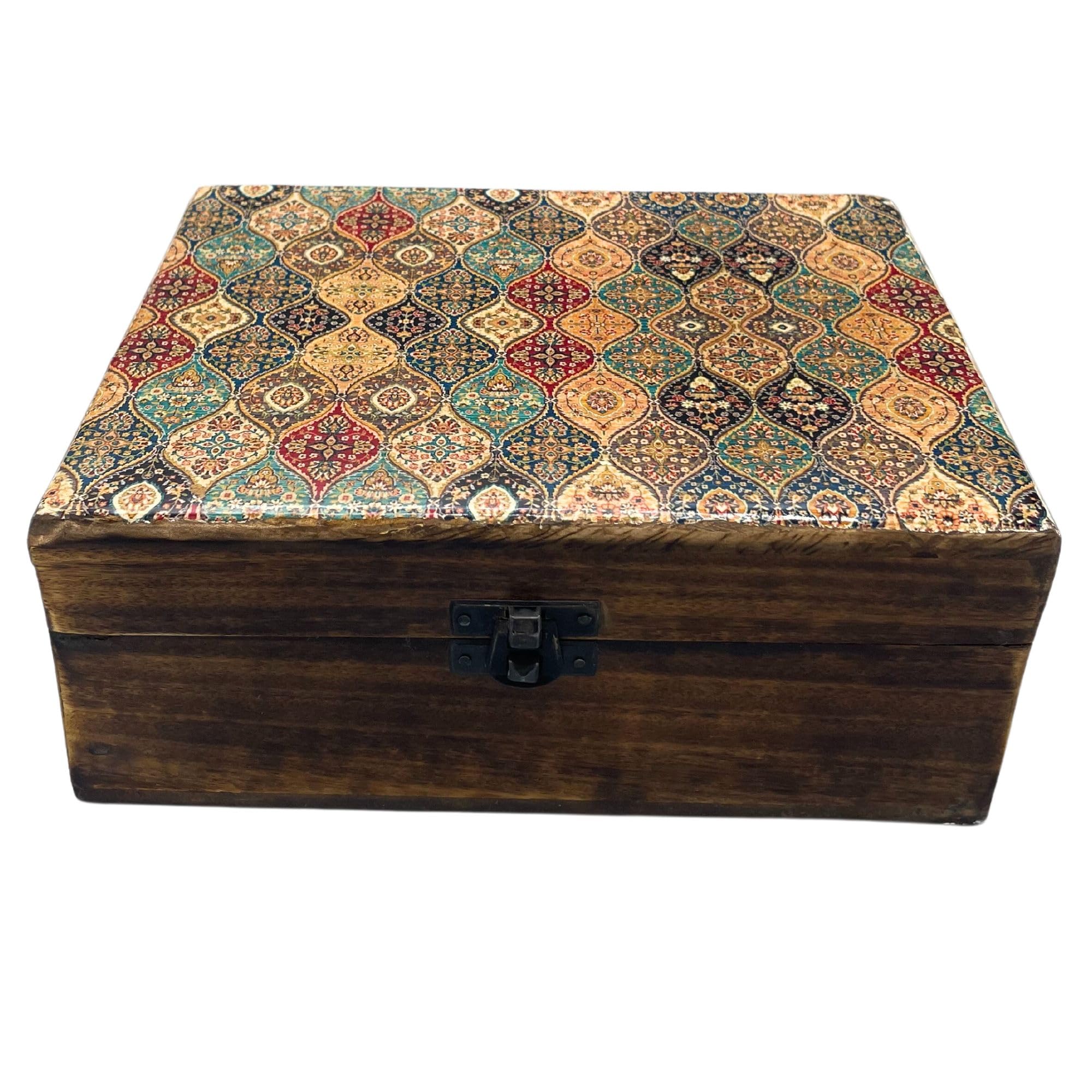 Ancient Wisdom Large Enamelled Ceramic Wooden Box - 20x15x7.5cm - Traditional Pattern