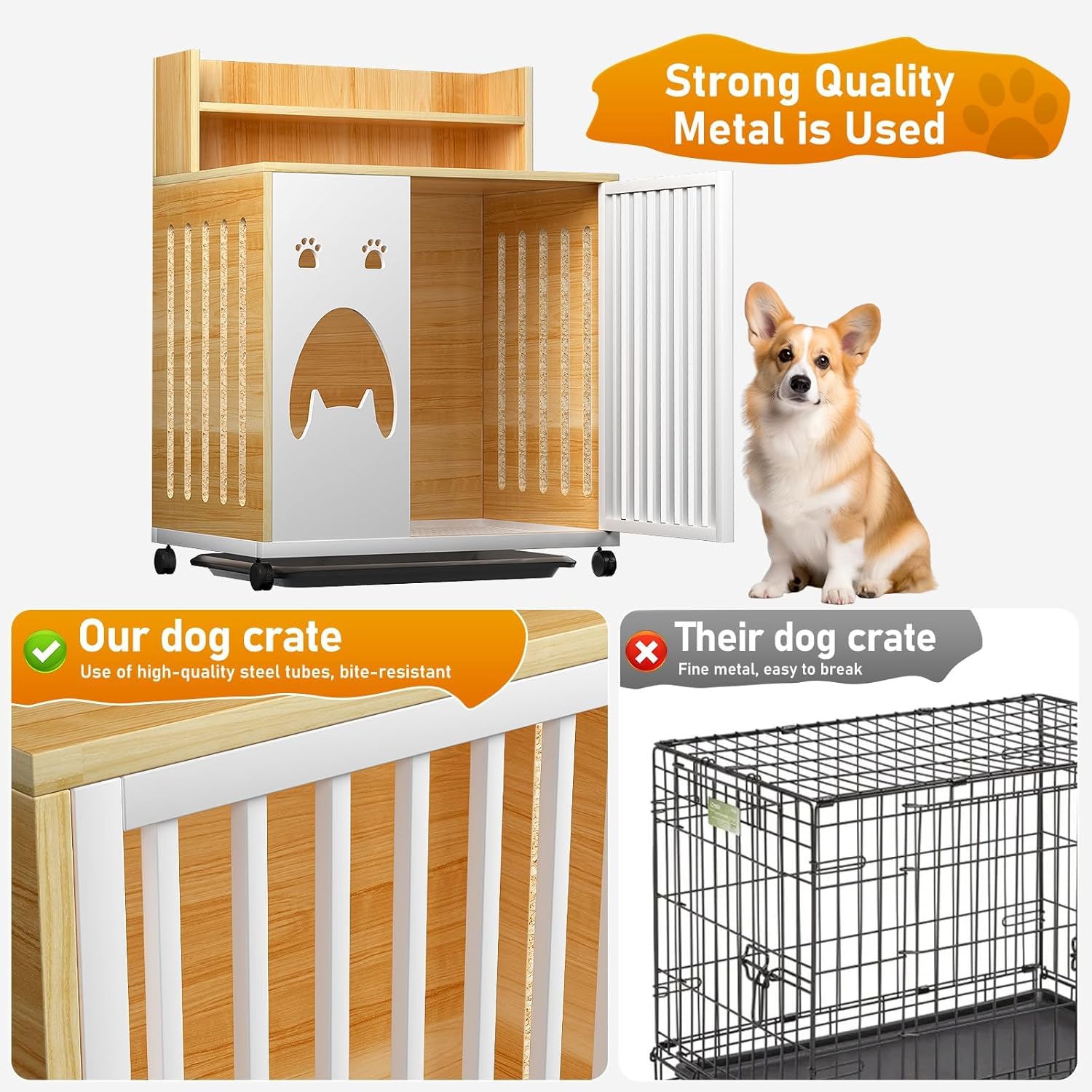 Dog Crate Furniture, 25''Wooden Dog Cage Dog Crates for Small Dogs, Furniture Style Dog Crate Dog Crate Table with Wheels and Removable Tray