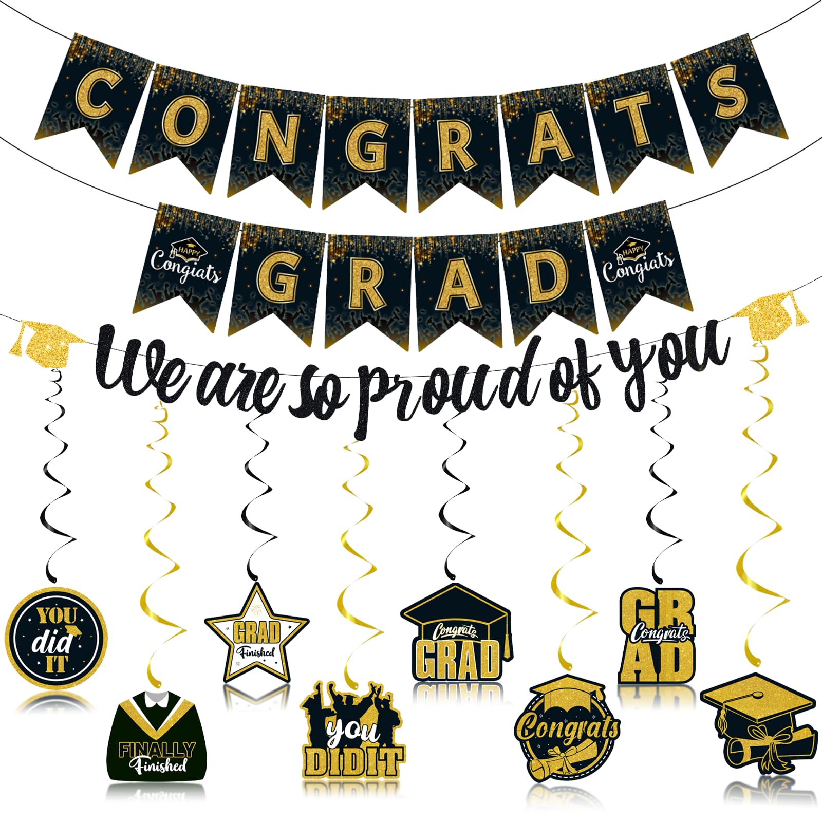 CAMOSE Graduation Decorations 2026 Black and Gold, Class of 2026 Congrats Grad Banner We Are So Proud Of You Banner Hanging Swirls, Congratulations Sign for Graduation Party Supplies