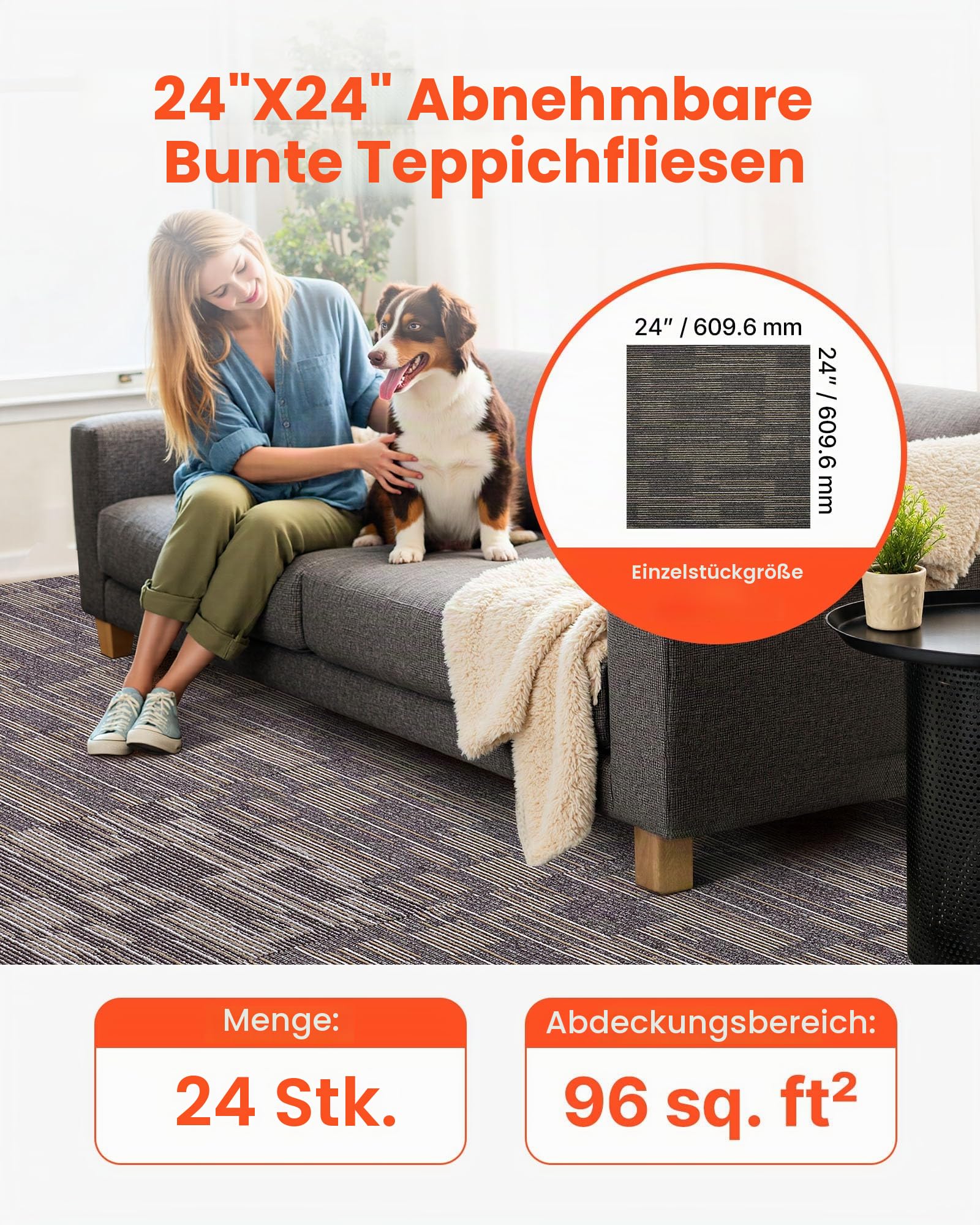 VEVOR Teppichfliesen 609,6 x 609,6 x 6 mm, 24er-Pack, modularer Teppichboden mit Fläche von 9 m², Teppich Bodenbelag, einfacher DIY-Austausch für Wohnzimmer und Büro, Grau und Braun