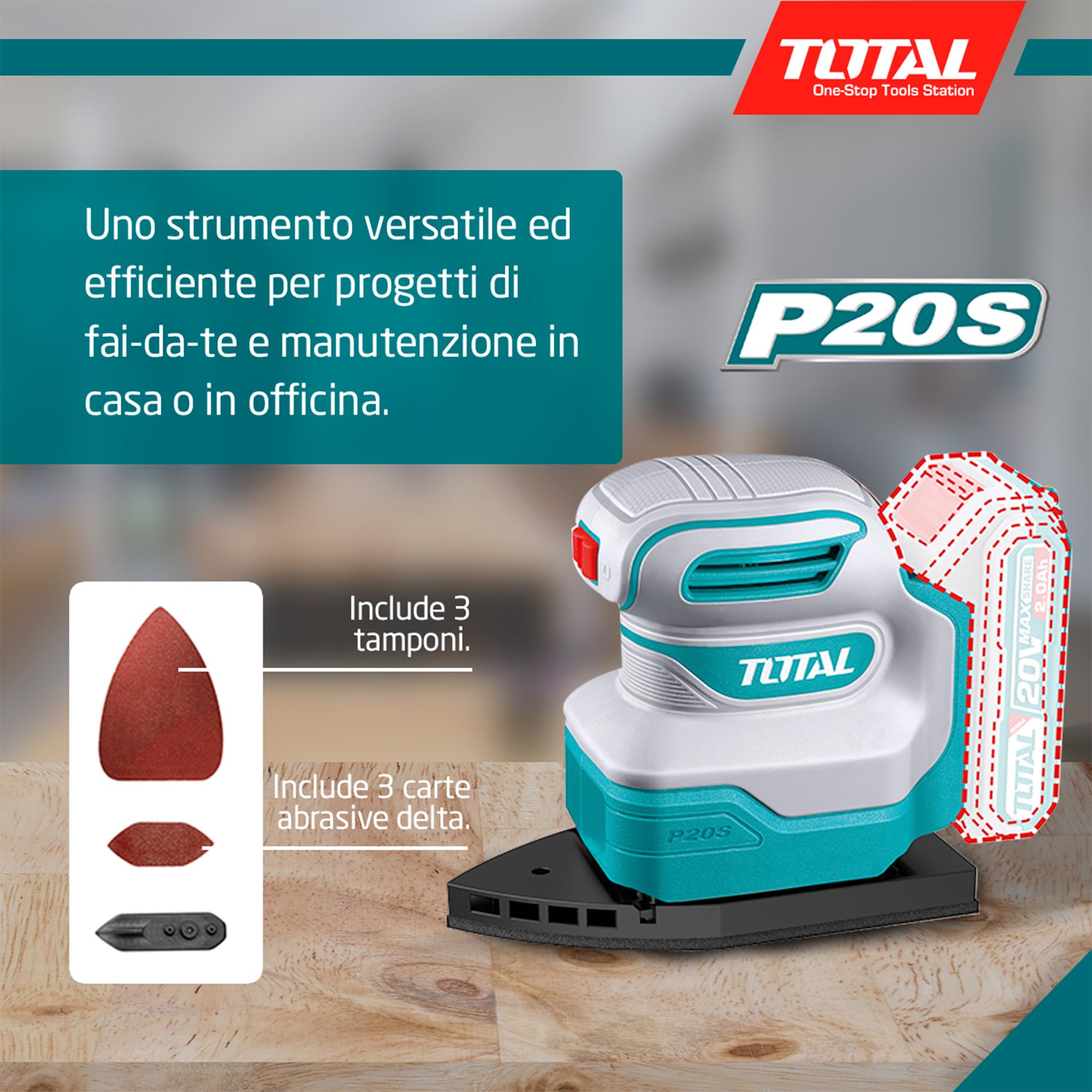 TOTAL - Levigatrice Delta a batteria | Batteria da 20V a lunga durata | Facile da usare | Include 3 tamponi e 3 carte abrasive Delta | Perfetta per angoli e bordi | Velocità a vuoto 12.000 giri/min