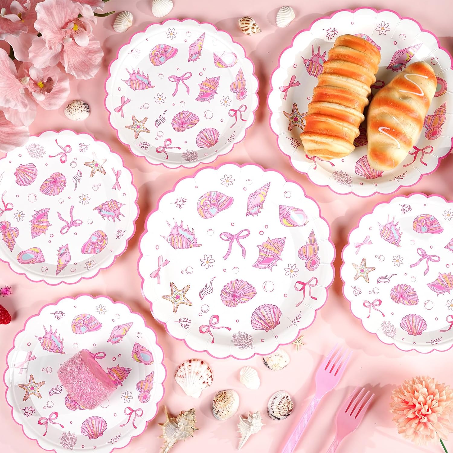 48Pcs Pink Bow Starfish Seashell Party Paper Plates Coquette Coastal Beach Party Decoration Scalloped Ocean Dessert Dinner Tableware Under The Sea Decor for Summer Birthday Wedding Baby Shower Supplie