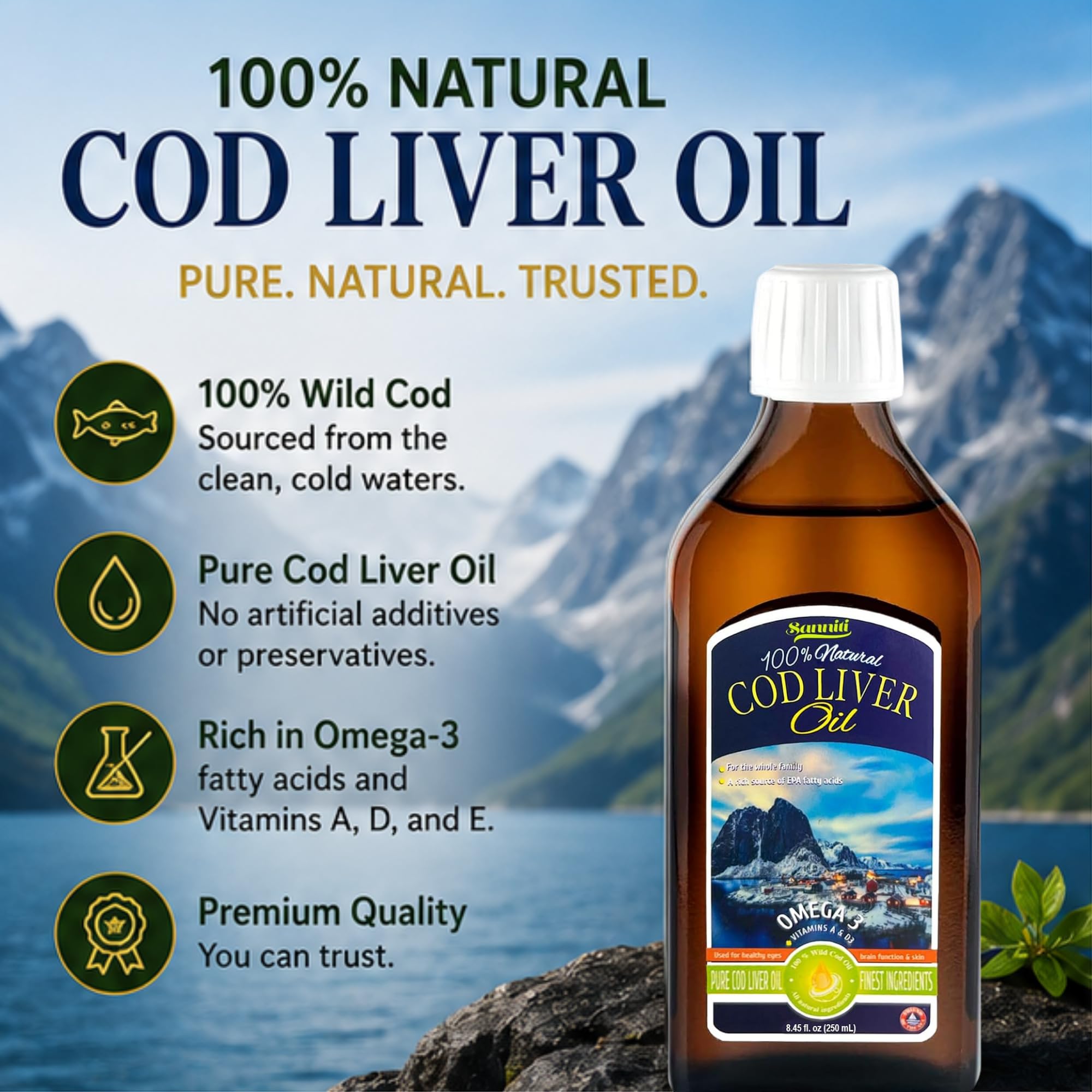 Sanniti 100% Cod Liver Oil, 8.4 fl oz | Pure Norwegian Cod Liver Oil | Natural Flavor | Omega-3 Fatty Acids with Vitamins A, D & E | Finest Ingredients — Amazon image 4