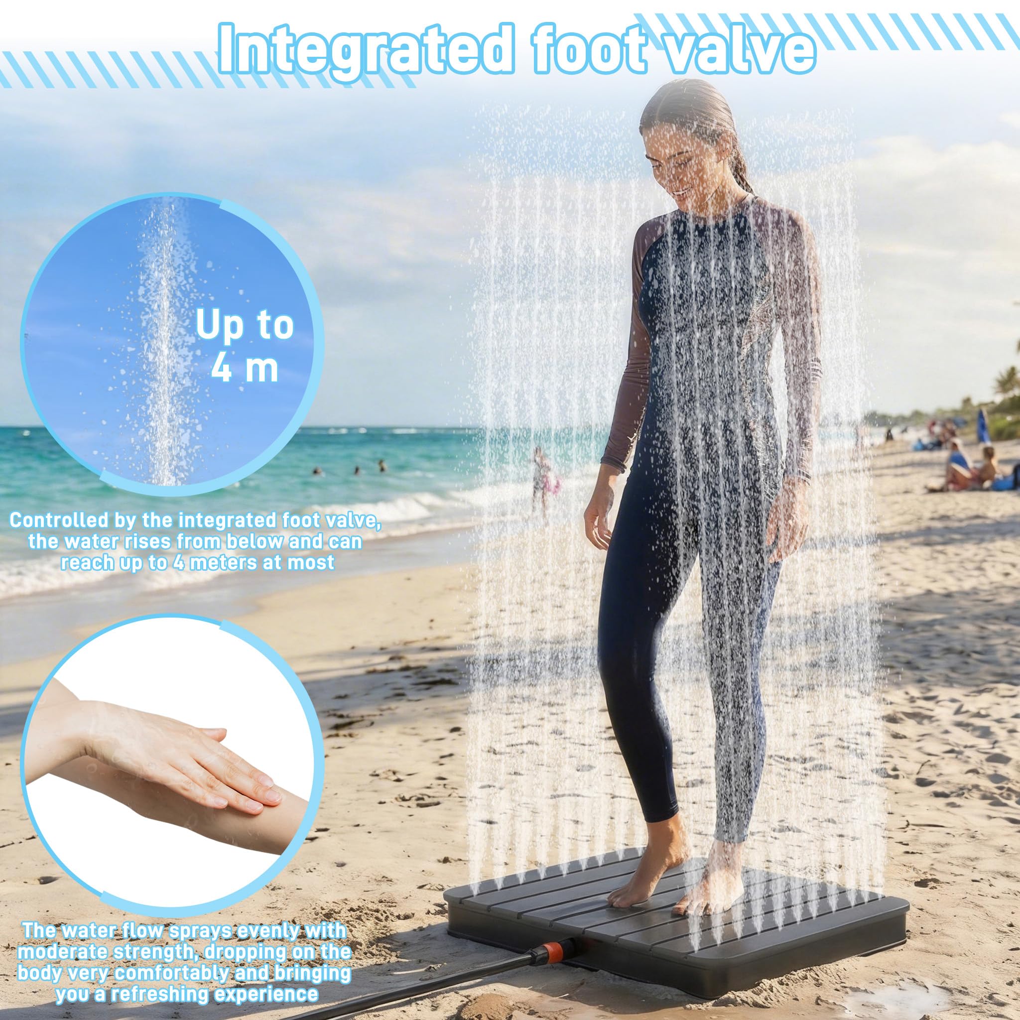 UISEBRT WPC Ducha de jardín con ruedas hasta 4 m de altura de la fuente, antideslizante, resistente a la intemperie y a las heladas y a los rayos UV, ducha exterior para piscina, camping, sauna