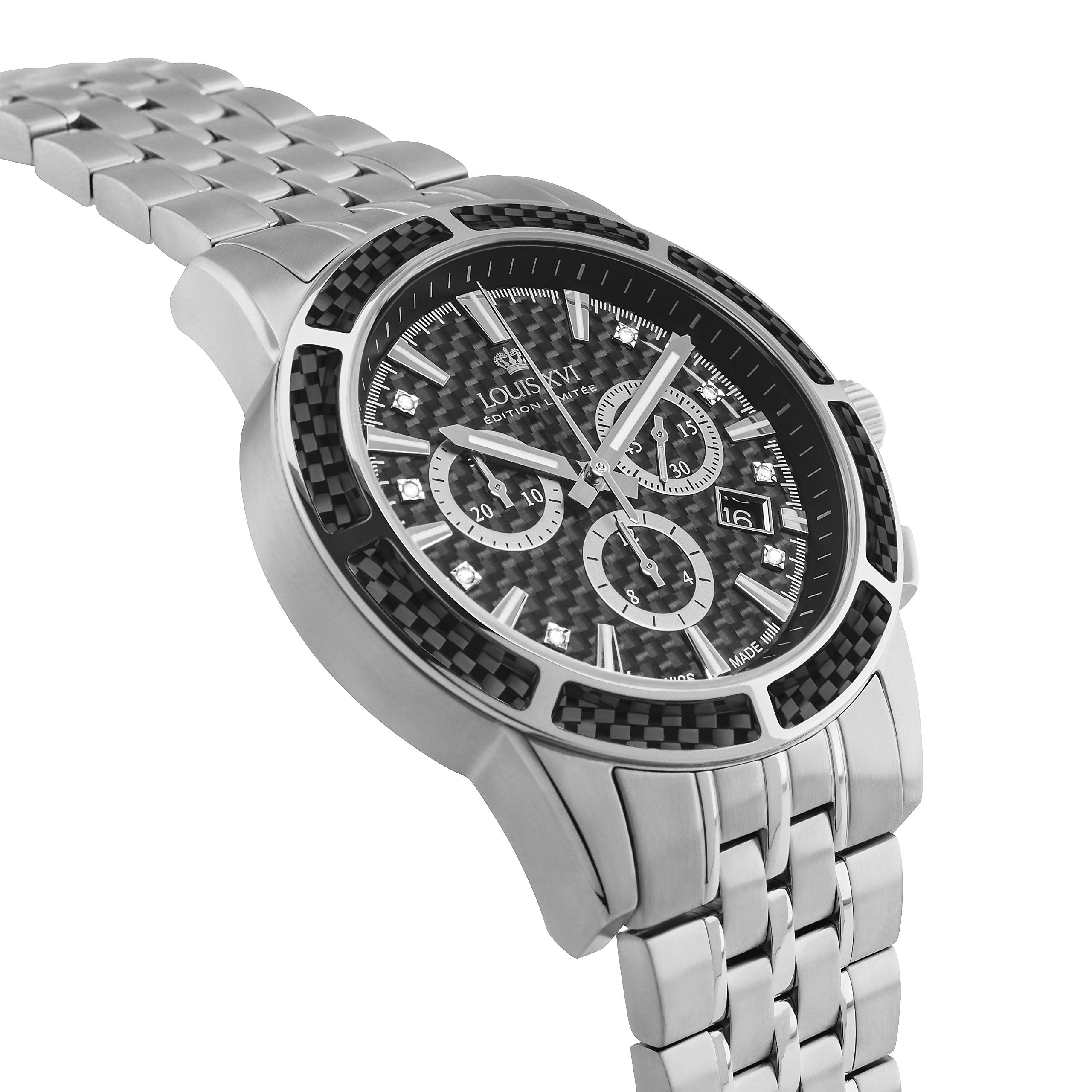LOUIS XVI Herren-Armbanduhr Majesté Stahlband Silber Schwarz Karbon echte Diamanten Chronograph Analog Quarz Edelstahl 1101