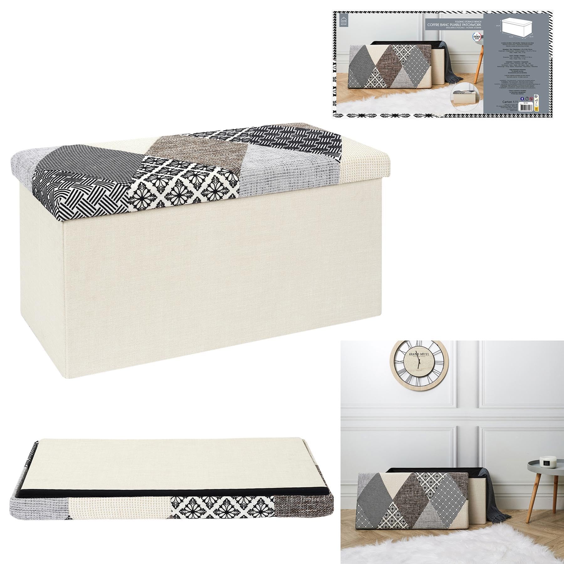HOME DECO FACTORY Chest, Bench, Patchwork, Grey, Bench, Foldable, for Living Room, Bedroom, Dining Room, Multicoloured, 76 x 38 x 38 cm