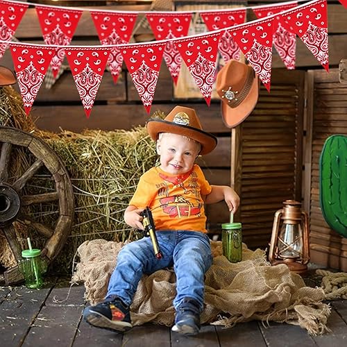 Miniatura 6 de Decoraciones de fiesta con temática occidental, paquete de 6 banderines rojos banderines banderines de granja campestre con estampado de vaca,