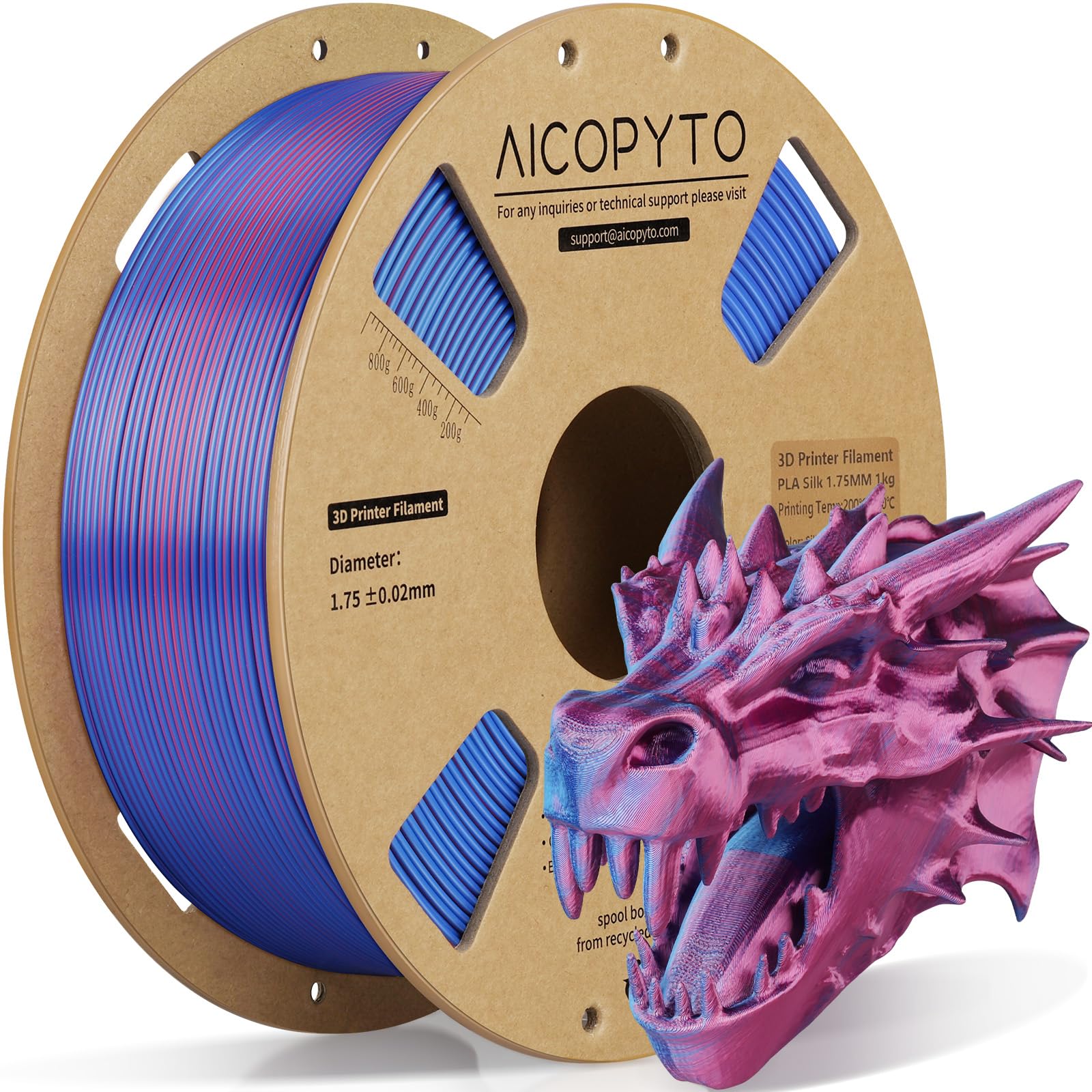 AICOPYTO 3D Printer Silk PLA Filament 1.75mm, Shiny Dual Color Red Blue, Dimensional Accuracy +/- 0.02 mm, 1KG (2.1lbs)/Spool Easy to Print for Most