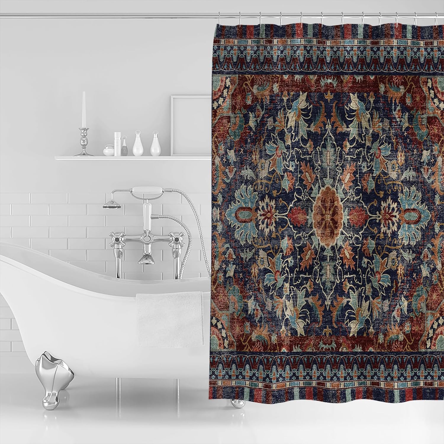 Double Love Vintage Flowerm Bathroom Curtain 72 Inch Shower Curtain with Hooks, Waterproof Polyester Bath Curtain Washable Bathtub Curtain Luxurious Classic Old World Aesthetics 72''x 72''