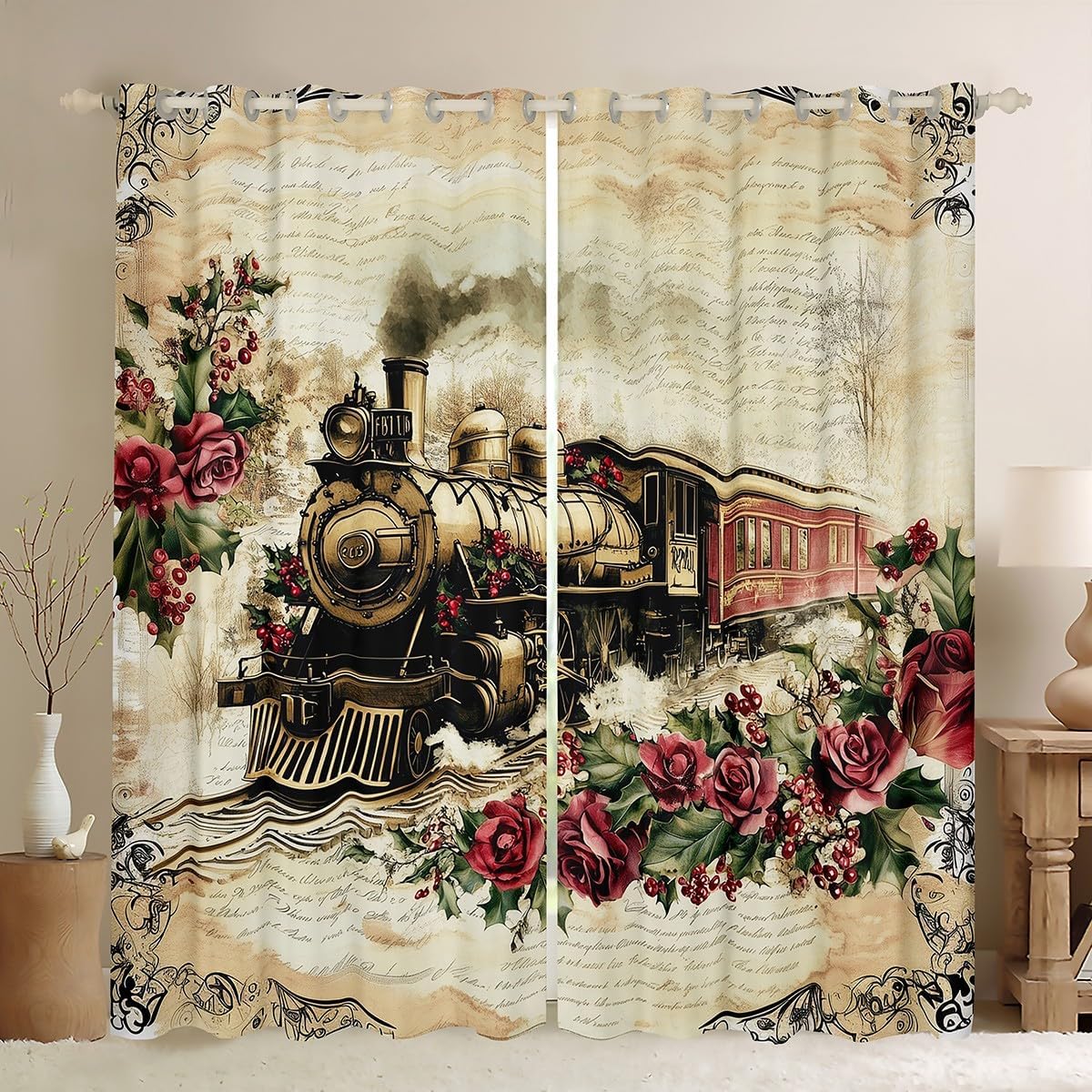 Steam Train Curtains for Bedroom 42Wx84L,Christmas Train Red Roses Retro Flowers Windows Drapes Block 30%-50% Light,Vintage Brown Old Newspaper Style Grommet Window Treatment,2 Panels