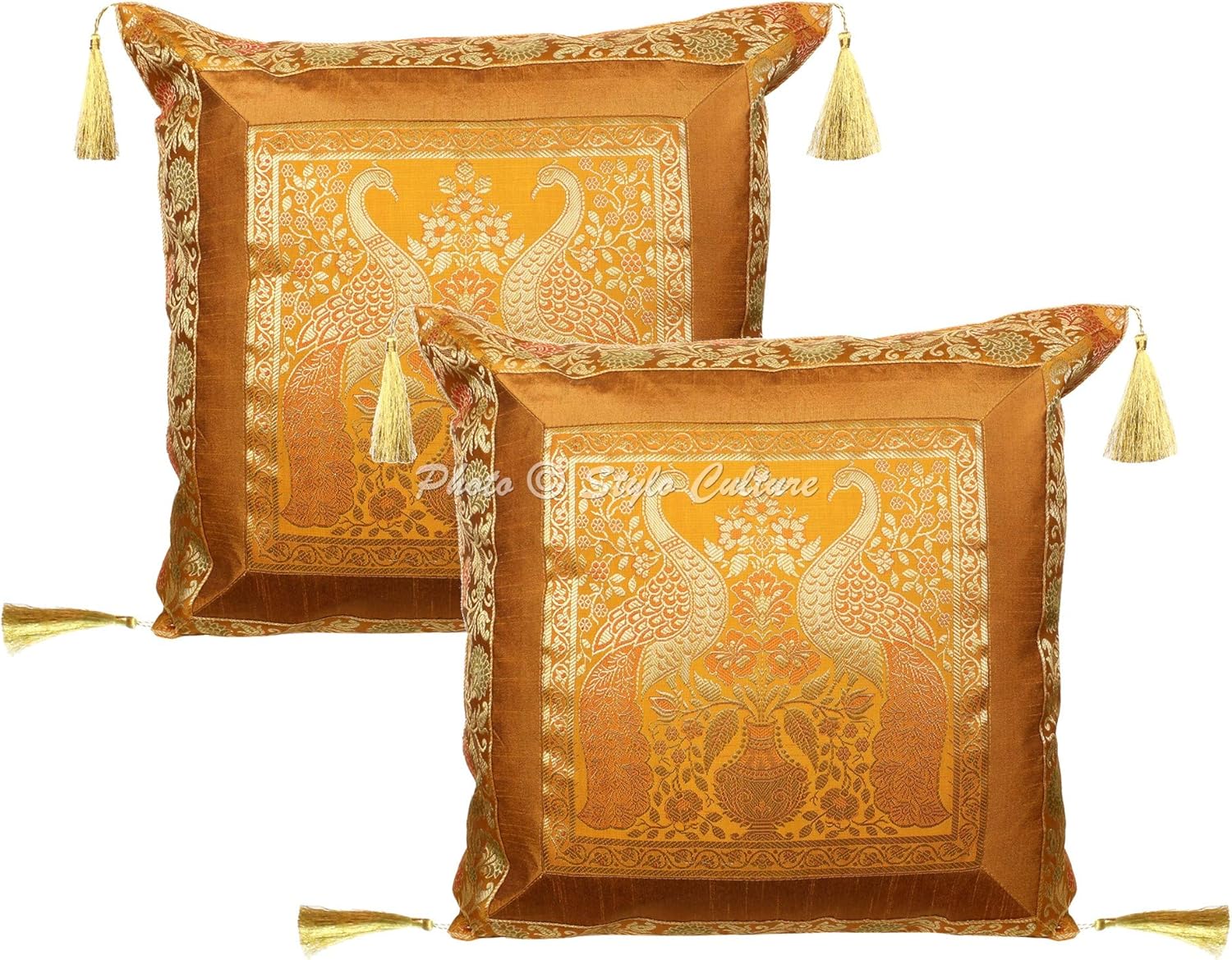 Bohemian Decorative Sofa Settee Toss Throw Pillow Cases 45x45 cm Brocade Bedroom Mustard Yellow Peacock Jacquard Tassels Square Luxury Zippered Indian 18x18 Inch Cushion Covers - 2 Pcs